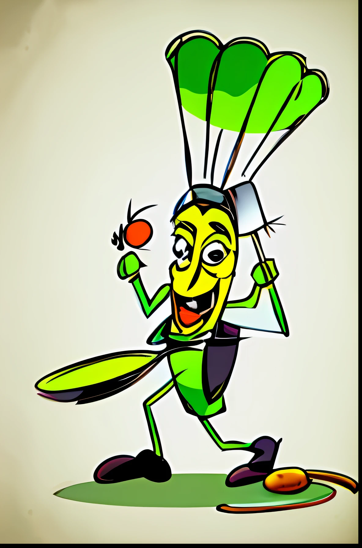 Cartoon of a man wearing a chef's hat and a knife, cockroach character, with long antennae, anthropomorphic praying mantis, with long thin antennae, antasy character, Animated character design, cockroach lady, an animated character, animated character design, ant humanoid, Thin antennae, a humanoid mosquito, Character drawing