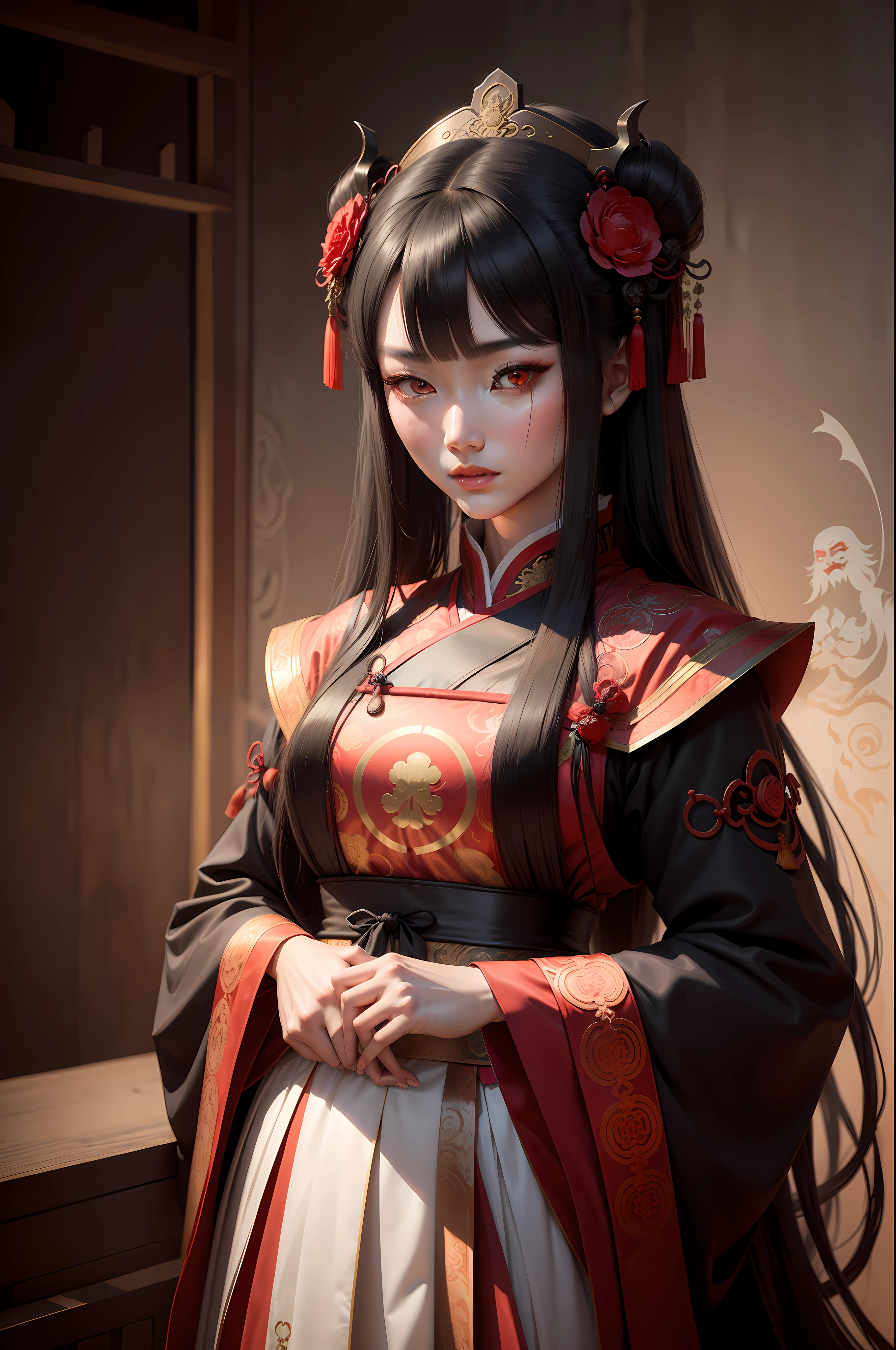 Longhaired Beauty,Tall and tall,Tang dynasty,Ancient China,Red eyes,The eyes are cold and evil,Chinese face,Impeccable,delicated,Ancient Hanfu,period costume,(Background with:Dark and terrifying,Countless ghosts,terroral,thriller)Cursed girl,Chinese horror,The mask is half masked,Ancient design sense mask,