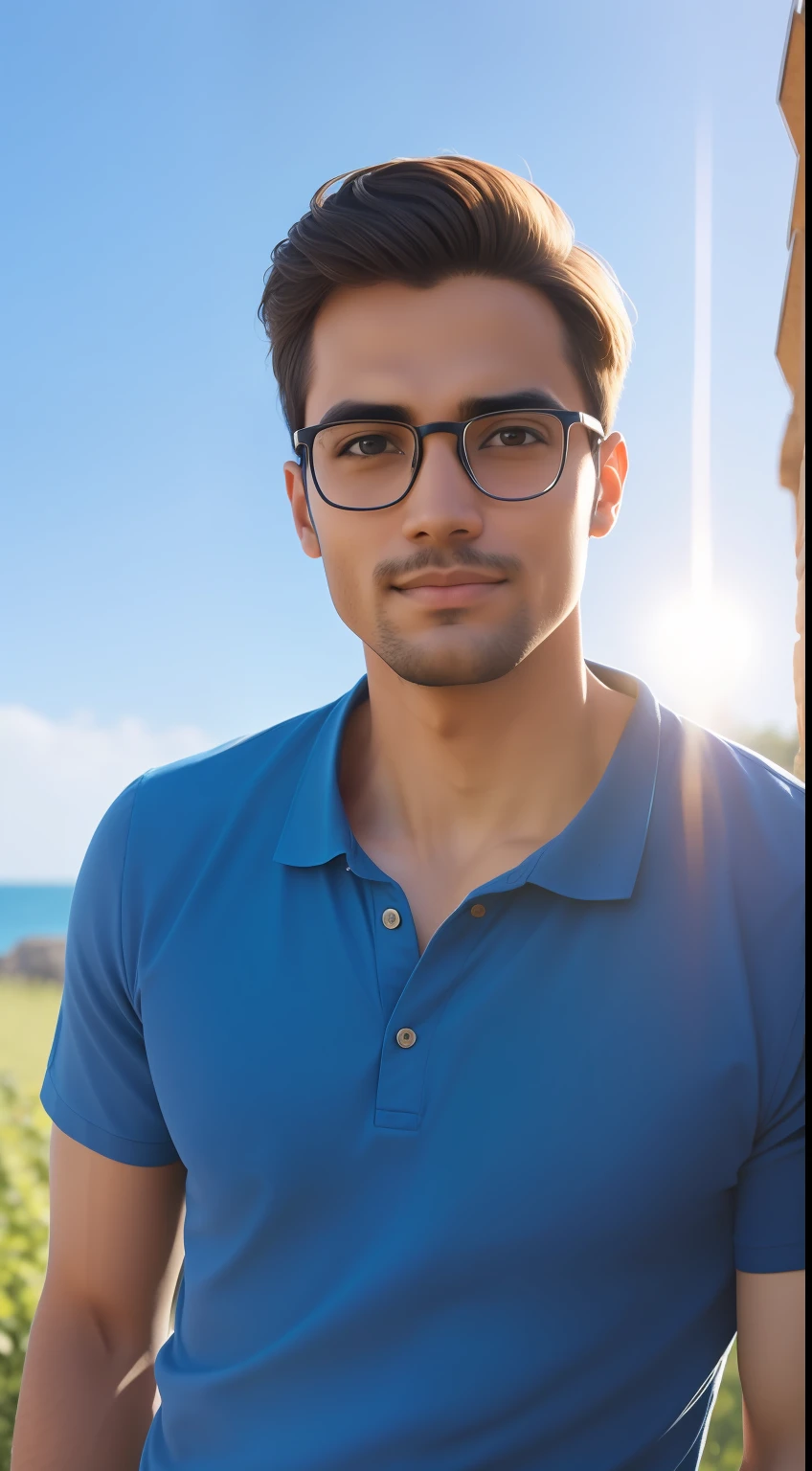 Intellectual Man Gazing at the Camera, with Sunlit Background and Blue Sky