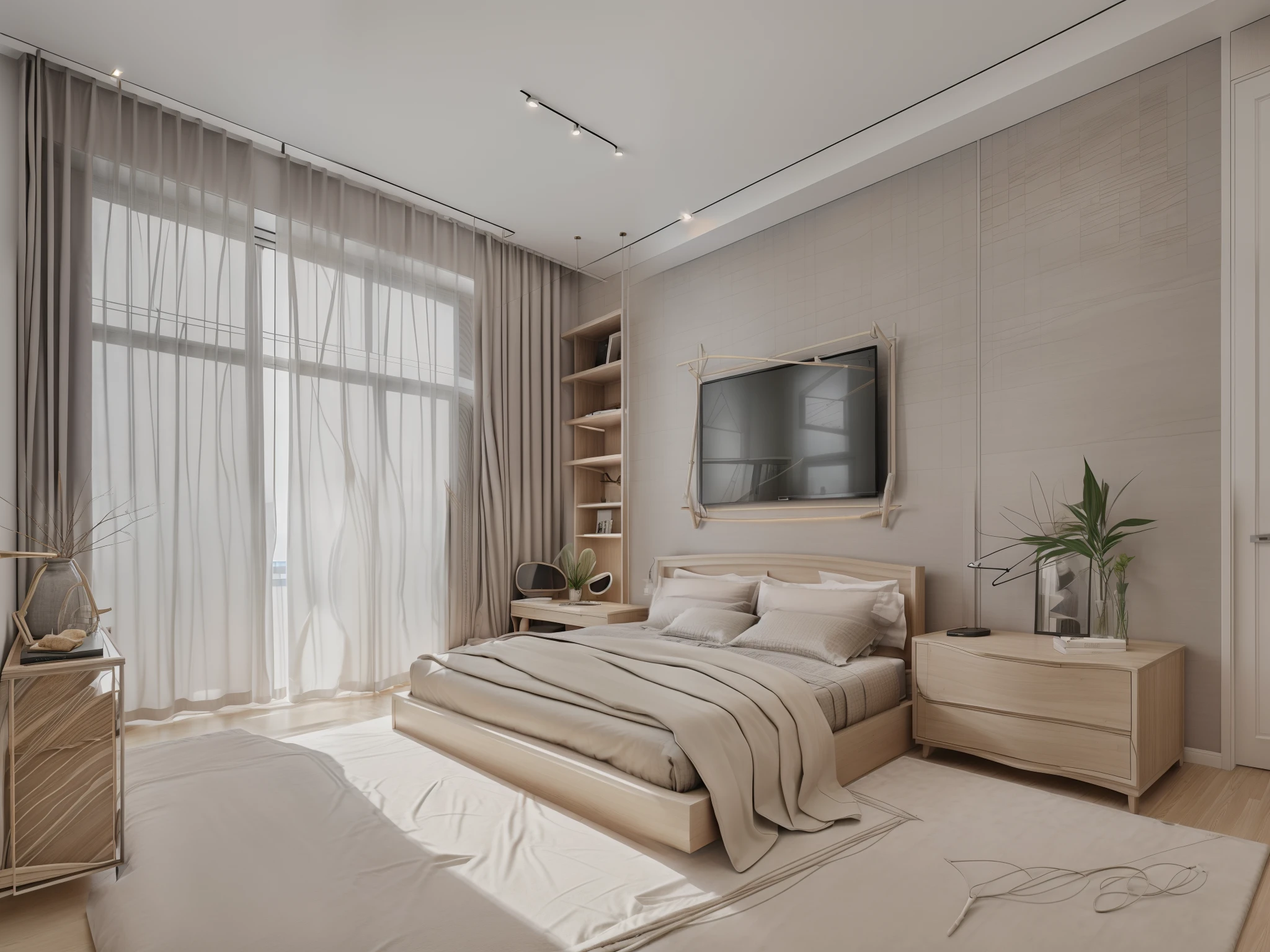 In fact, honesty, details, smooth light, super realistic natural light from to windonw to room ,
Modern style bedroom
1 bed, 1 cabinet, headboard wall, gray curtains, fur RUP , fish bone floors, white ceiling