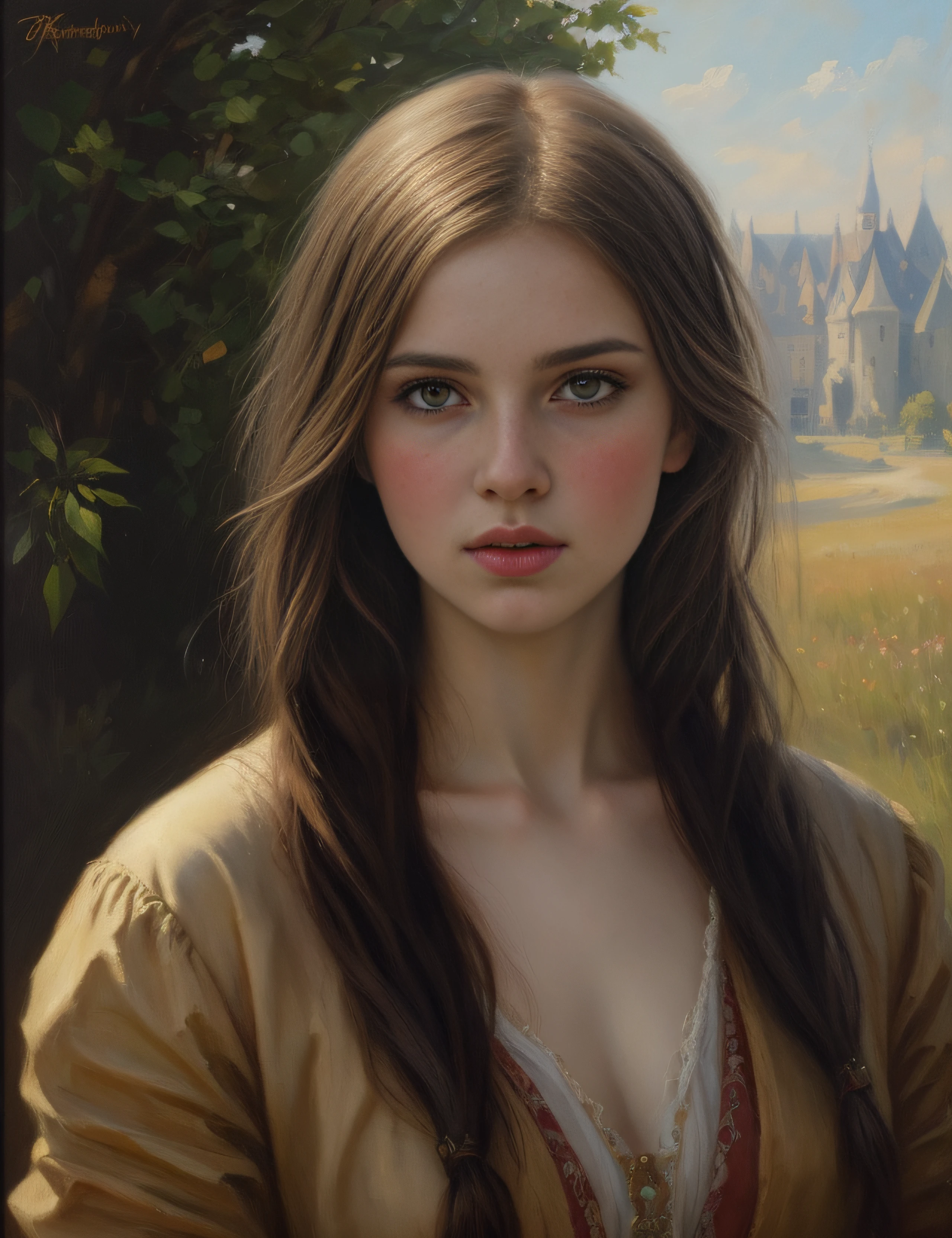 portrait, girl, middle ages, classicism, andrey atroshenko style, painting, traditional media, realistic, figurative, fine art, oil on canvas, HDR, 8K, original character, high resolution, high detail, focus on the face