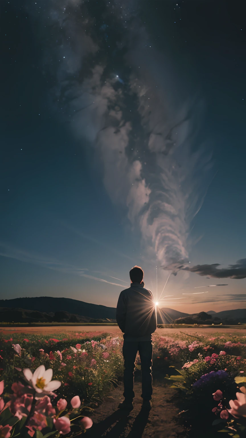 Expansive landscape photography，（a bottom view showing the sky above and open country below），A man stands in a field of flowers looking up，detail in face，（moon full：1.3），（meteors：0.9），（Starcloud：1.3），mountain in the distance，tree-breaking production art，（Warm light source：1.2），（glowworm：1.2），Lots of purple and orange，Complicated details，Volumetriclighting，BREAK realism（tmasterpiece： 1.2） ， （best qualtiy）， 4K， ultra - detailed， （Dynamic synthesis： 1.4）， highly  detailed， Colorful detailed， （Irridescent color： 1.2）， （Bright lighting， Atmospheric lighting）， dream magical， magic， （独奏： 1.2）