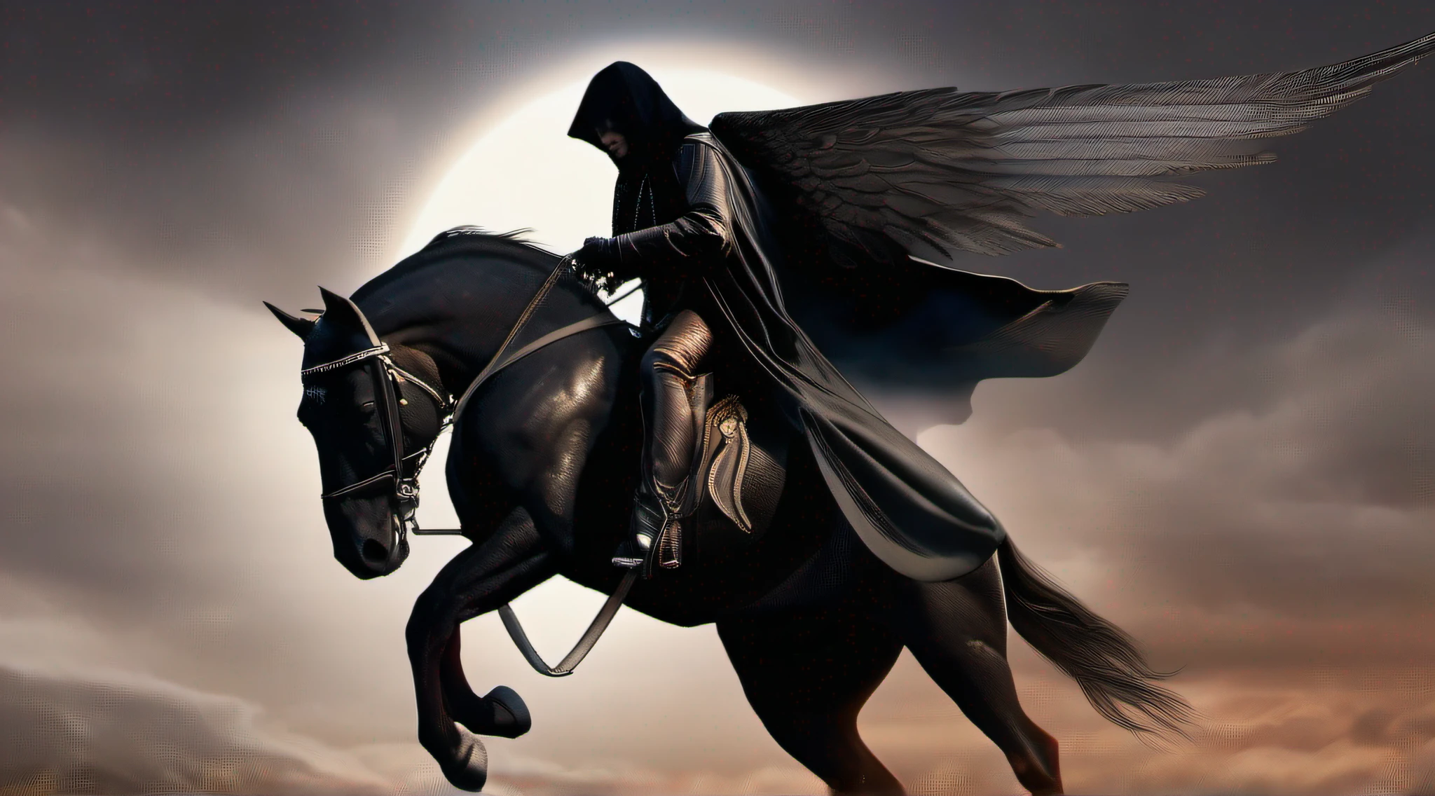 full scene, full bodies, dark lighting, frontal vision, dark lighting, A hooded man rides a black winged horse through the sky, no background