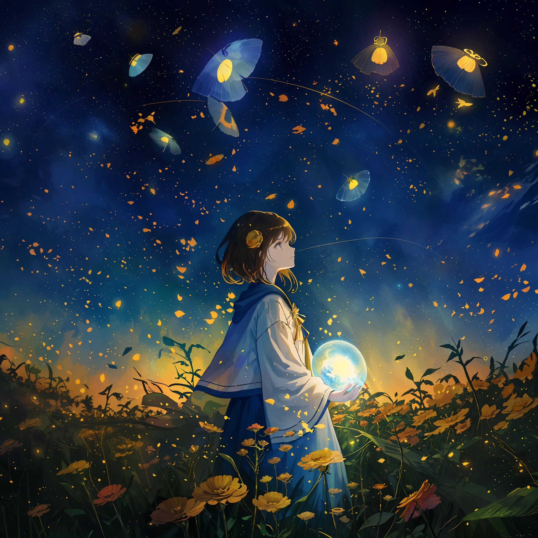 Draw a girl in a flower field，There is a string of lights, ****** girl with magical powers, girl looks at the space, among wonderful golden fireflies, With stars, DreamlikeArt, among golden fireflies, Shine among the stars, calm evening. Digital illustration, portrait of the magical girl, dreamlike digital painting, dreamlike illustration, Starry, Stars shine