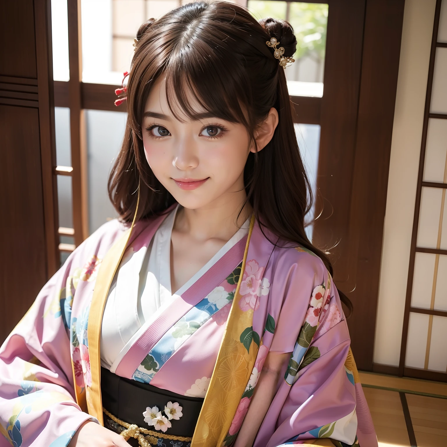 Best Quality, masutepiece, (Realistic:1.2), 1 girl, Brown hair, Black eyes,front, Detailed face, Beautiful eyes, She enjoys. It looks very fun to wear a kimono and play in the Japanese-style room. . She accessorized with a small, . While playing, Girl in colorful and glittering kimono、She smiling in bright sunlight、Little big、full bodyesbian。