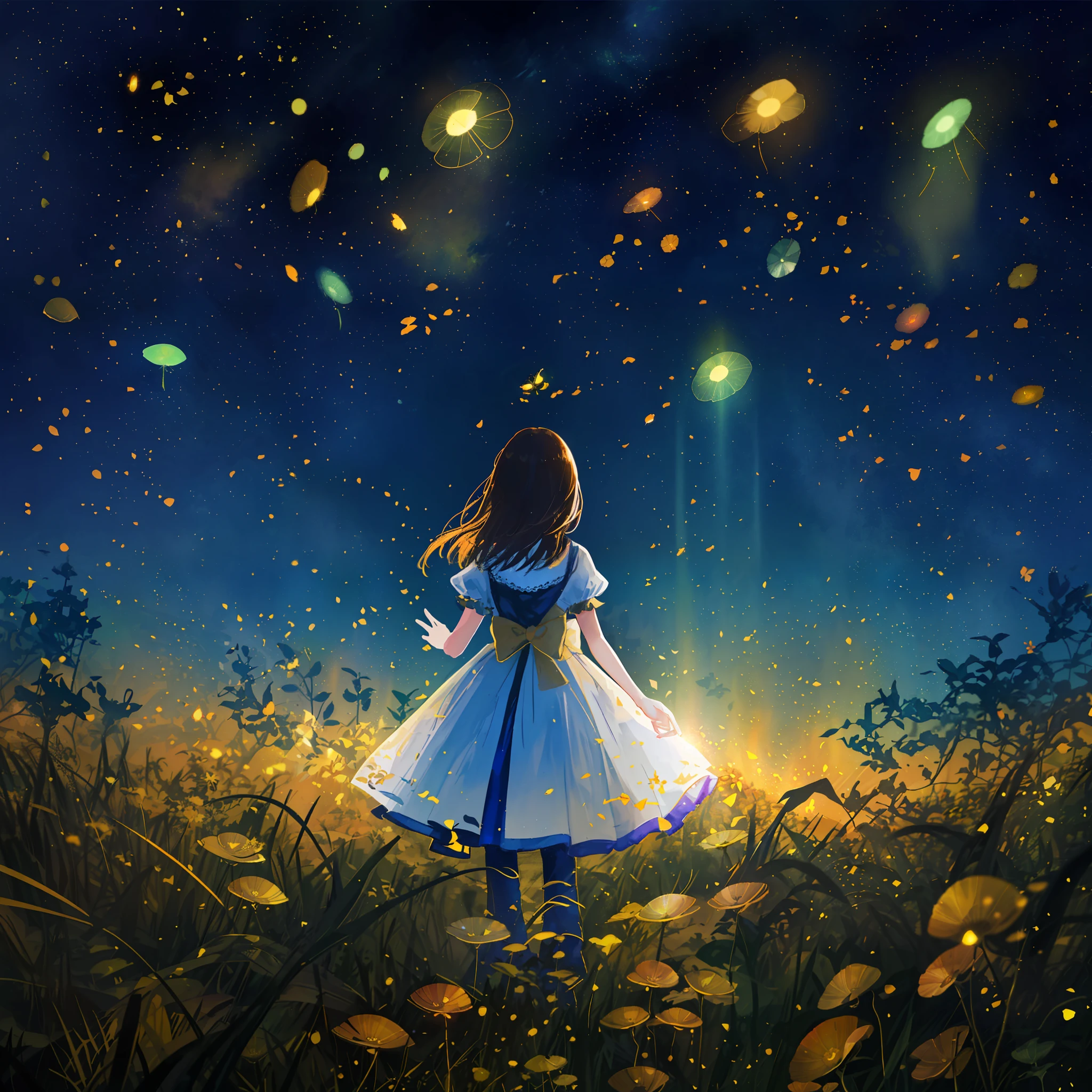 Draw a girl in a flower field,There is a string of lights, girl with magical powers, girl looks at the space, among wonderful golden fireflies, With stars, DreamlikeArt, among golden fireflies, Shine among the stars, calm evening. Digital illustration, portrait of the magical girl, dreamlike digital painting, dreamlike illustration, Starry, Stars shine