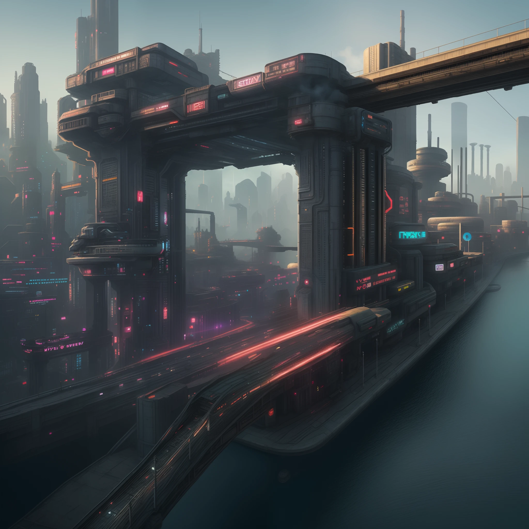 Close-up of a bridge over the river,The background is a city, in a sci-fi shipping port, hyper realistic cyberpunk city, sci fi city, futuristic dystopian city, ancient sci - fi city, Hyper-realistic cyberpunk style, dystopian cyberpunk city, in fantasy sci - fi city, industrial scifi, matte painting of steam machines, scifi environment