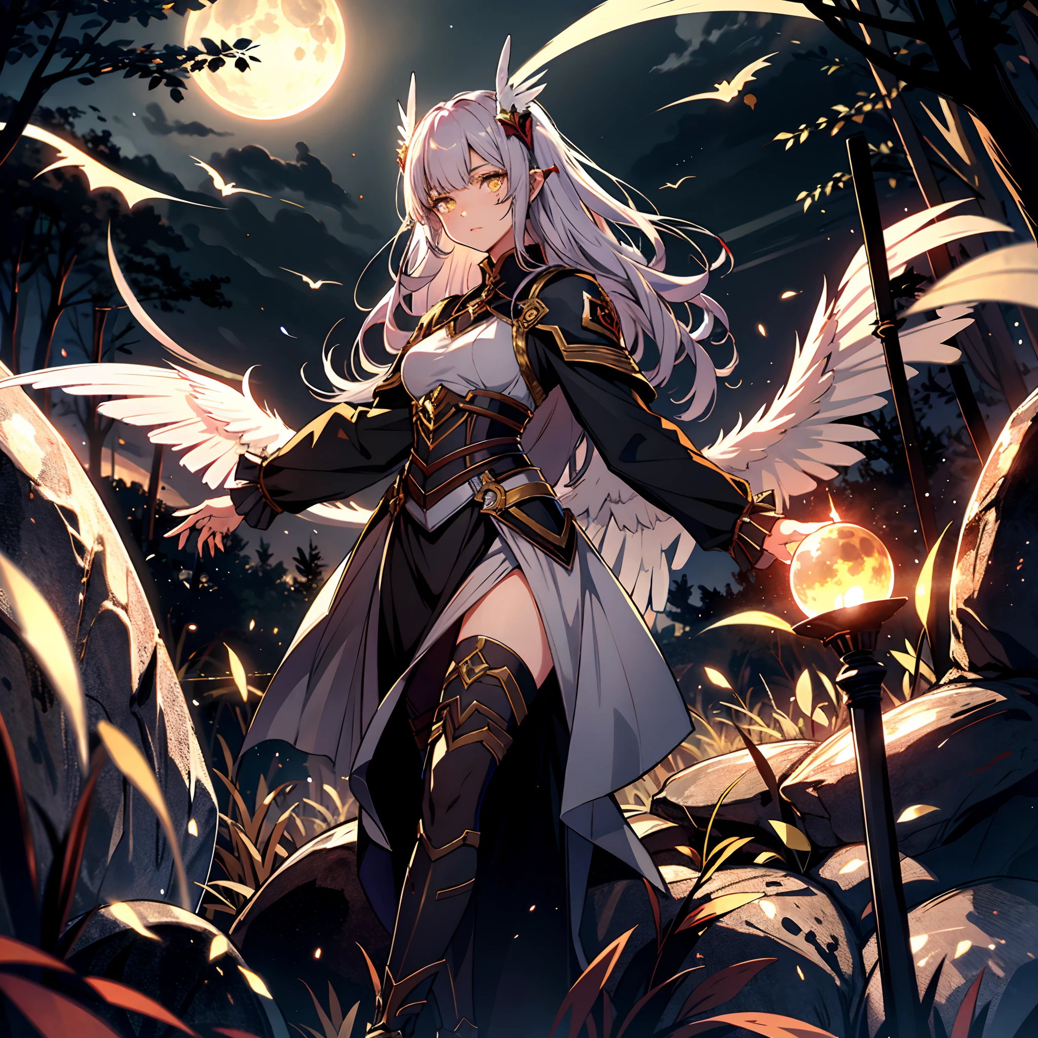 Yellow Moon, vampire, Bright eyes, glowing eyes walking on dead bodies, apocalypse, Armageddon background, apocalypse background, war background, beasts background, soldiers background, angel wings