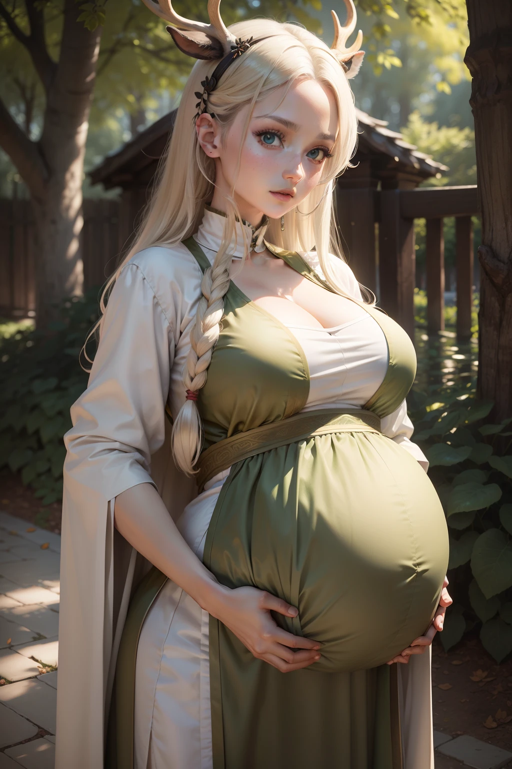 （Hands of Guido Daniele））（deer antlers）（（ru_qun））），best_quality，（（（anime big breast））），heads，original_outfit，Hanfu，Clear details，tmasterpiece，best_quality，Clear details，1 rapariga，Green clothes，Detailed skin texture，Detailed cloth texture，beautiful  detailed face，ultra - detailed，Photorealsitic，Nine  pregnant，Pregnant belly is obvious，whaite hair，Clear pupils，eBlue eyes，Clear face，Green clothes，full bodyesbian，