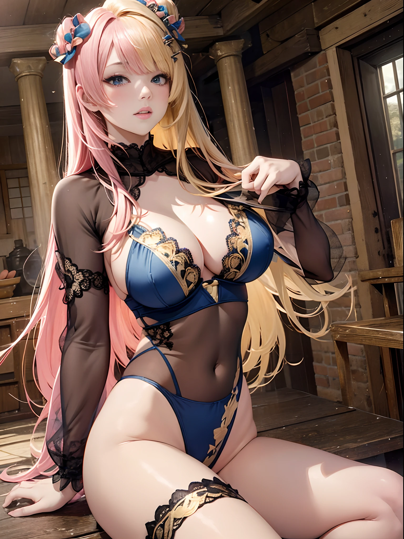 (Enrich the picture,Masterpiece level quality)Beautiful 8K CG artwork,Goddess-like posture,sittinng on the river,Postural exercises,Slim and soft,Translucent skin,Golden-pink hair、The beauty of extra-long hair, Super Long Straight Hair,The skin is fair and juicy,Big breasts underwear uniform,Perspective Part 1.2x enhanced silhouette effect,Exquisite transparent blues pattern in pajamas,The details are intricate and exquisite,The background is slightly blurred,Charming and lustful leg seduction,Drool,J cup big breasts,Blush,Japan goddess,Perfect body slim curves,Scene by the sea,