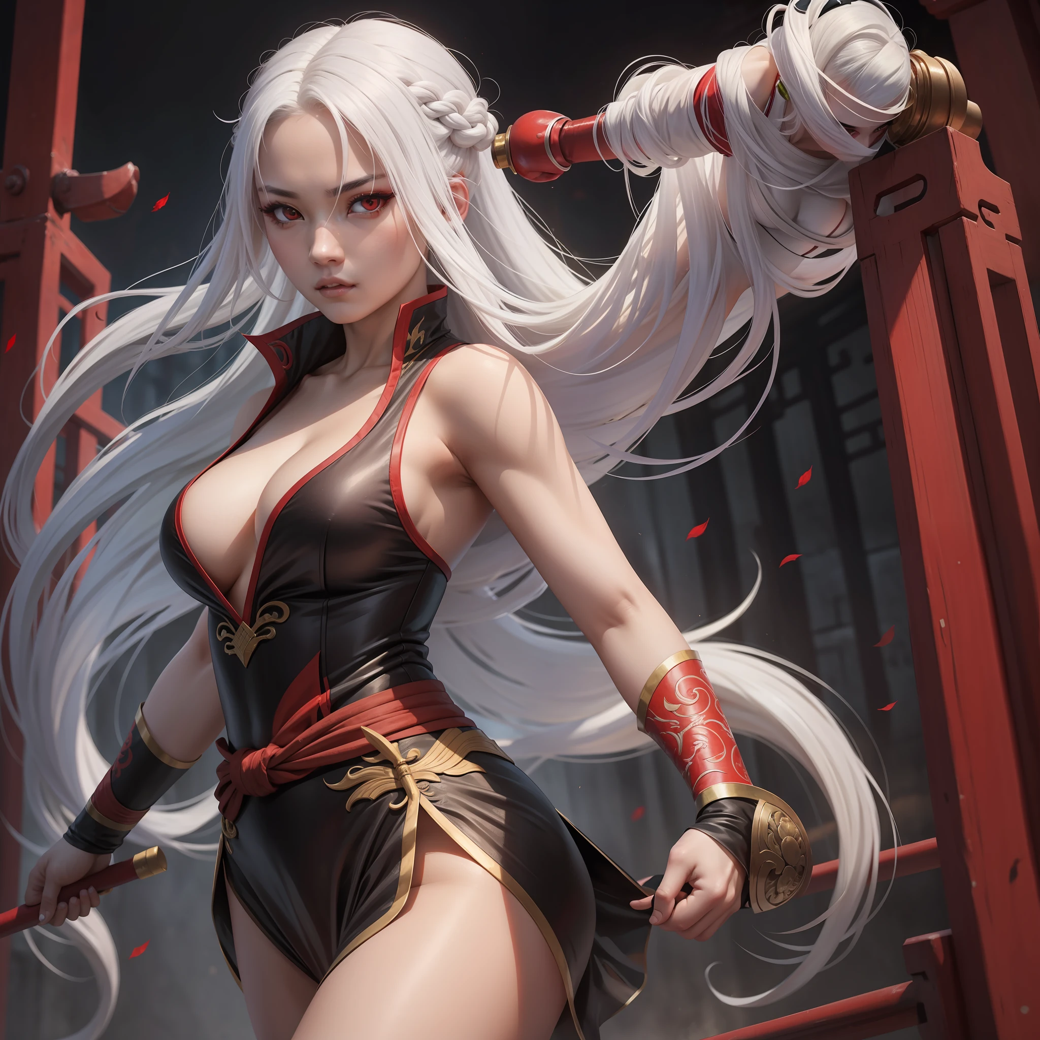 A sexy female martial artist with long white hair and red eyes, duanghuang style