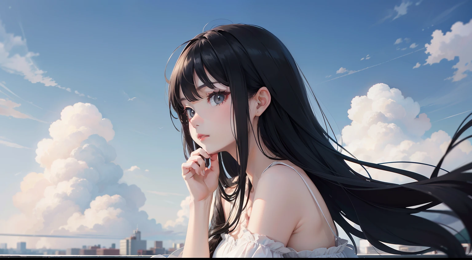 tmasterpiece,best qualtiy,1 girl with long flowing black hair,holding chin in hand,warm sunlight,white dresses,Clouds,Skysky,The skin is delicate,looking at viewert