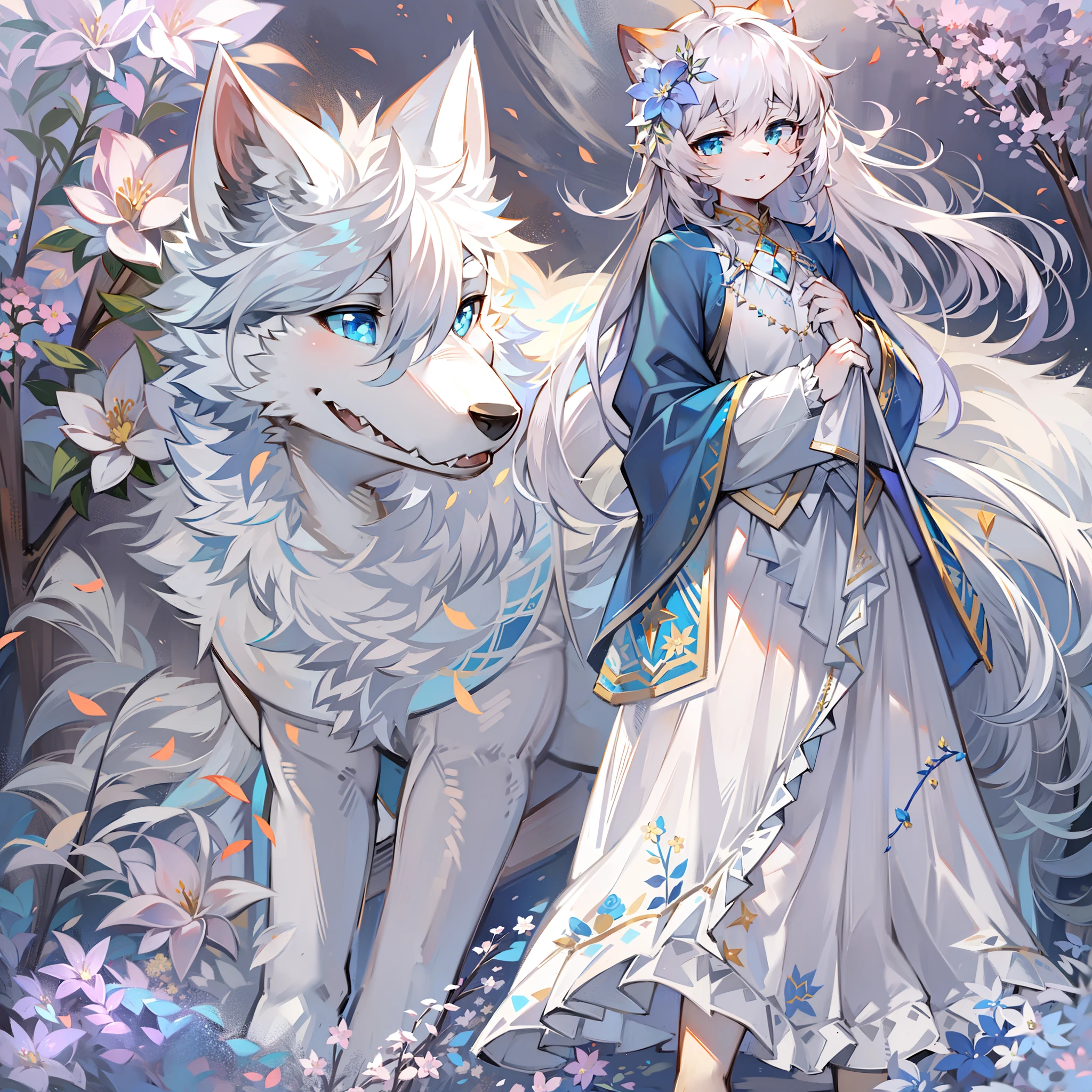 flower  sea，sunraise，Big-tailed wolf，blue color eyes，Gray hair，a white long skirt，Pastoral attire