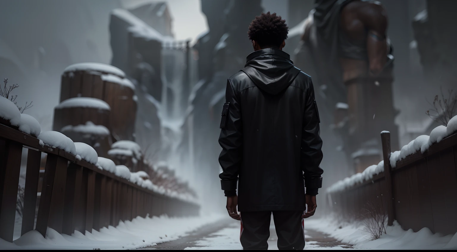 a black 19 years old man back facing the elements in a dangerous path in monk mode