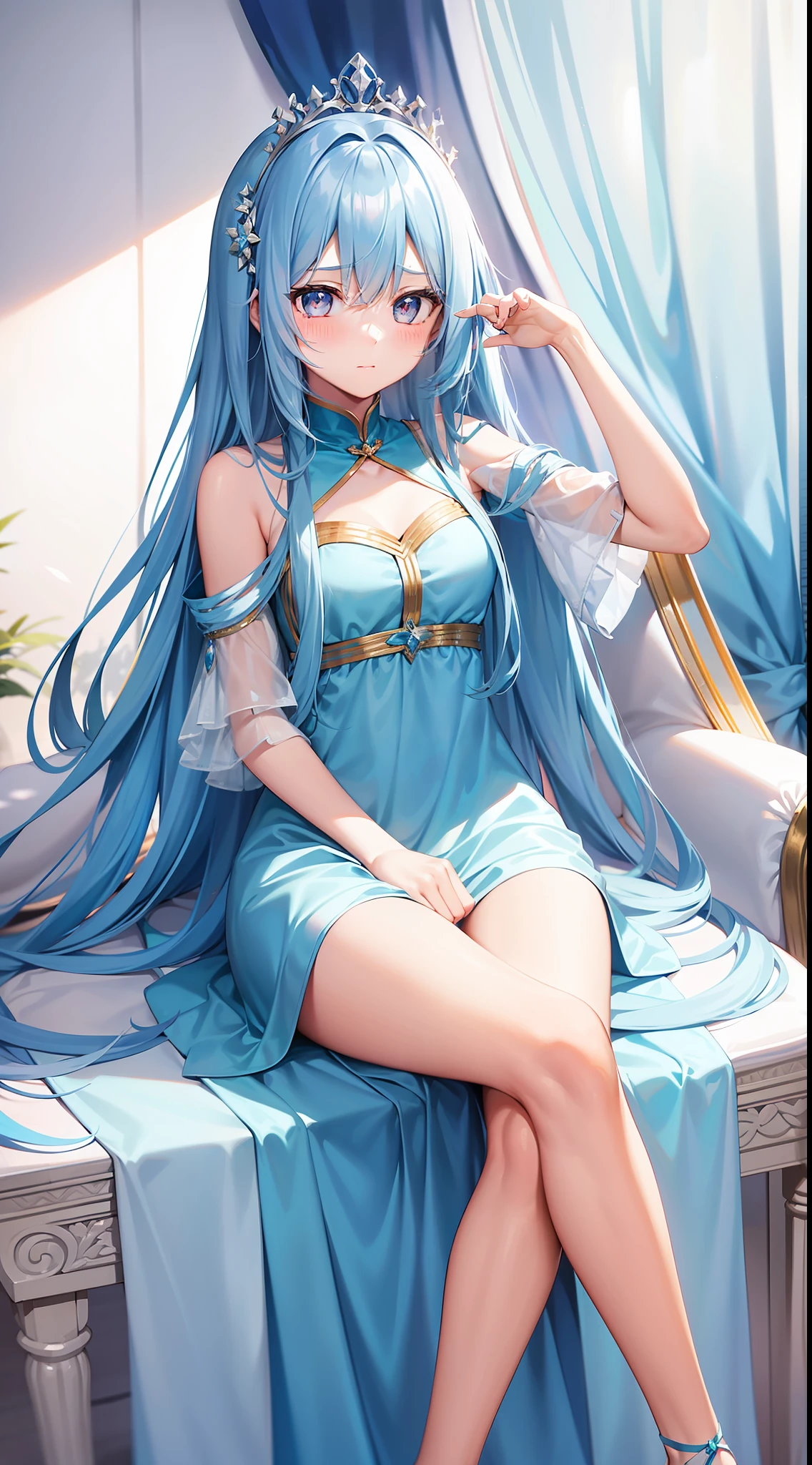 Long hair,Blue hair,Cute girl,A queen,Ice blue long dress,Blushing and shy,Sit on the throne with your legs crossed