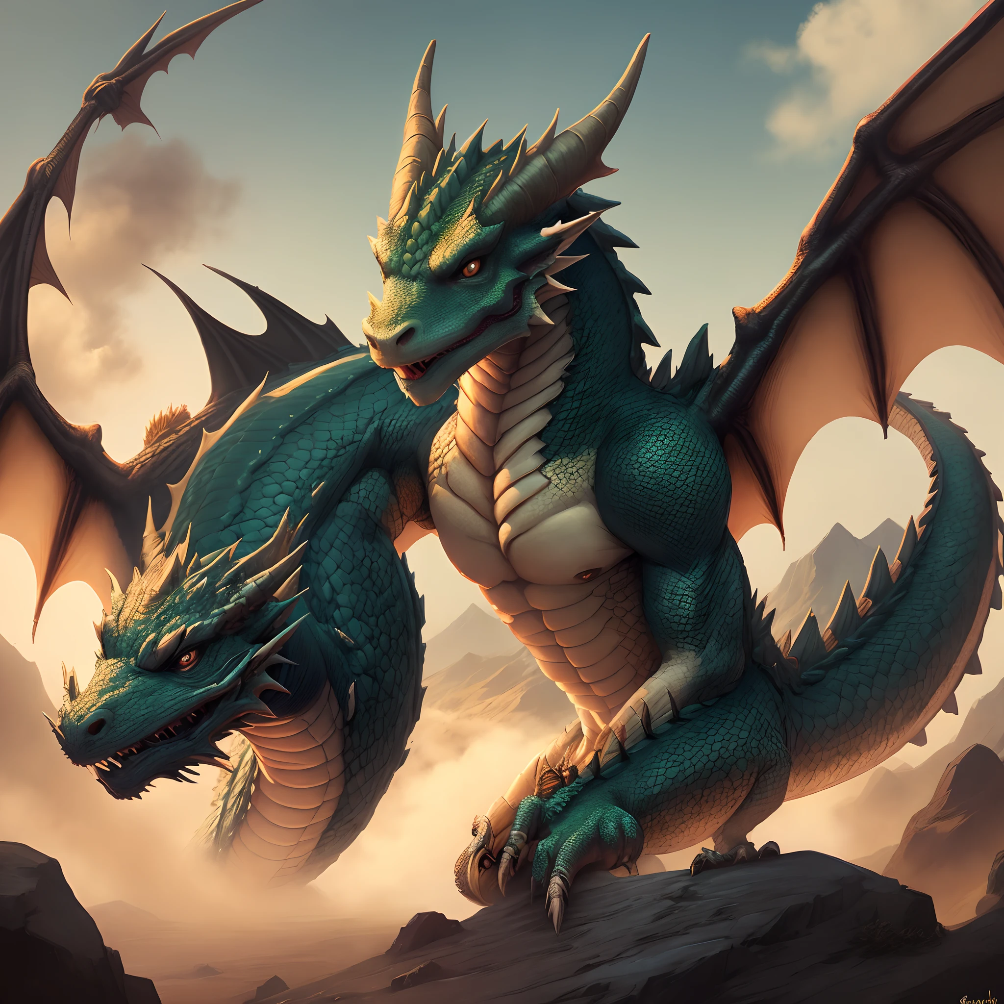 A close up of a dragon with a large head and wings - SeaArt AI