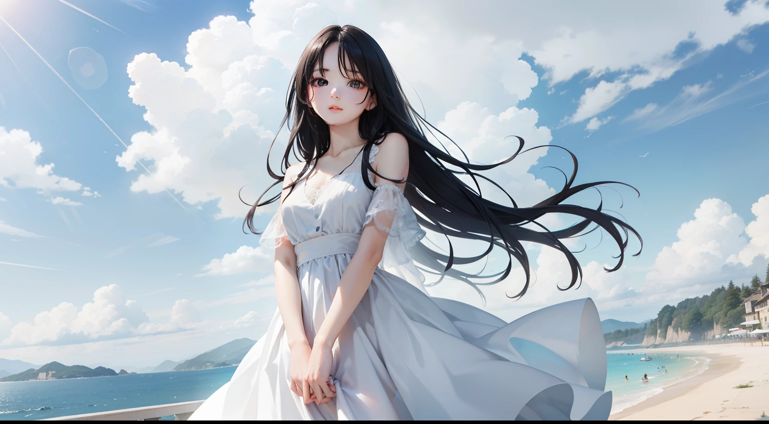 tmasterpiece,best qualtiy,1 girl with long flowing black hair,warm sunlight,white dresses,Clouds,Skysky,The skin is delicate,looking at viewert
