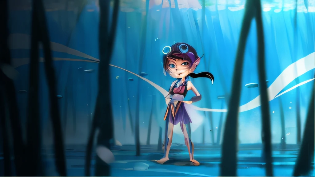 Cartoon girl in purple dress standing in forest, splashcreen character art, hero 2 d fanart artsation, Anime girl walking on water, water fairy, character design contest winner, Stylized anime, 2D game fanart, pixie character, character is half in the water, 2. 5 d illus, 2 d illustration, 2D illustration