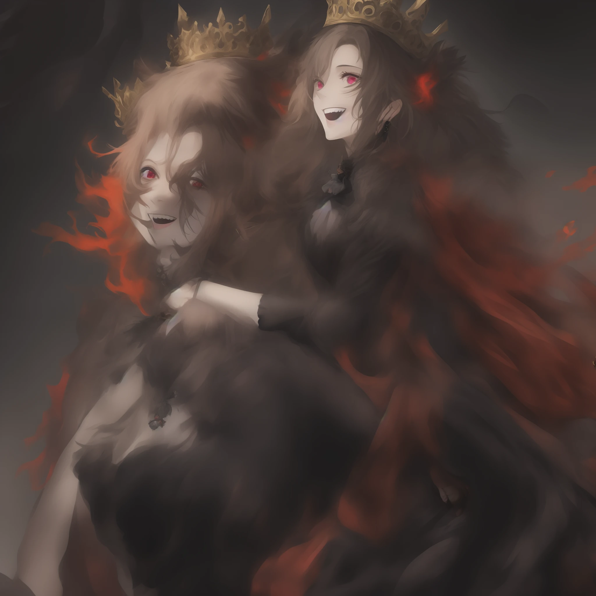 (1girl),Dark king, (laughing:1.5) , In royal clothes, dark clothes, Fiery red eyes, With a sloping crown on the head, Sitting on a lion, (Hand on face:0.8) , (Messy style Hair) , Background of a crow in flight, Wine color hair, Dark atmosphere, ((black crown:1.5)), (big crown:1.5 )
, BREAK,
(masterpiece), best quality, expressive eyes, perfect face, detailed eyes, detailed face, detailed body, detailed clothes, detailed hair, detailed color, detailed crown