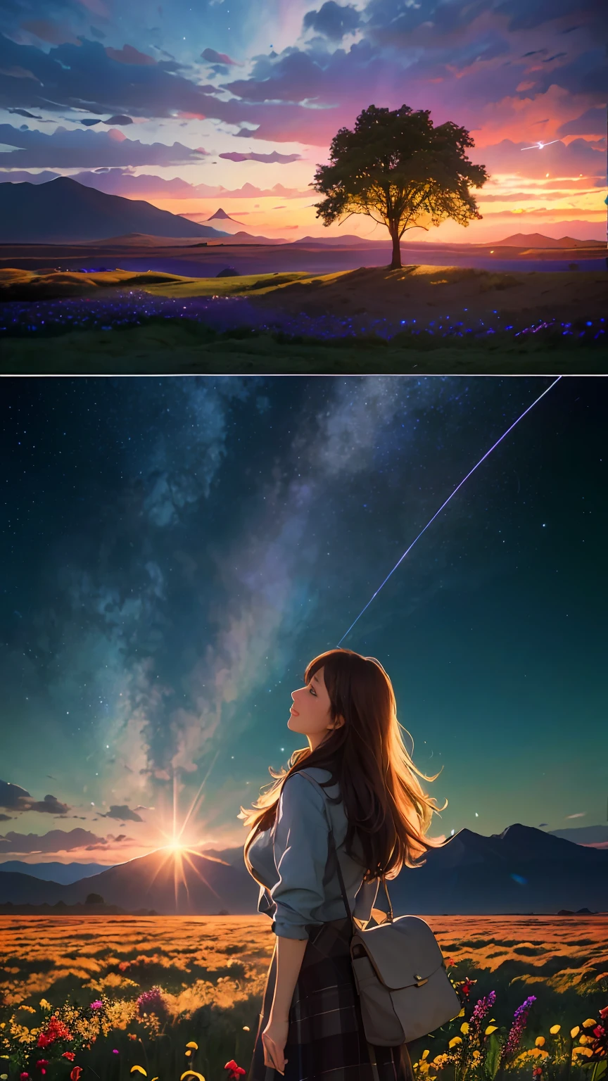 Expansive landscape photography，（a bottom view showing the sky above and open country below），a girl standing in a field of flowers looking up，（moon full：1.4），（meteors：0.9），（Starcloud：1.3），mountain in the distance，tree-breaking production art，（Warm light source：1.2），（glowworm：1.2），lamp lights，Lots of purple and orange，Complicated details，Volumetriclighting，BREAK realism（tmasterpiece： 1.2） ， （best qualtiy）， 4K， ultra - detailed， （Dynamic synthesis： 1.4）， highly  detailed， Colorful detailed， （Irridescent color： 1.2）， （Bright lighting， Atmospheric lighting）， dream magical， magic， （独奏： 1.2）