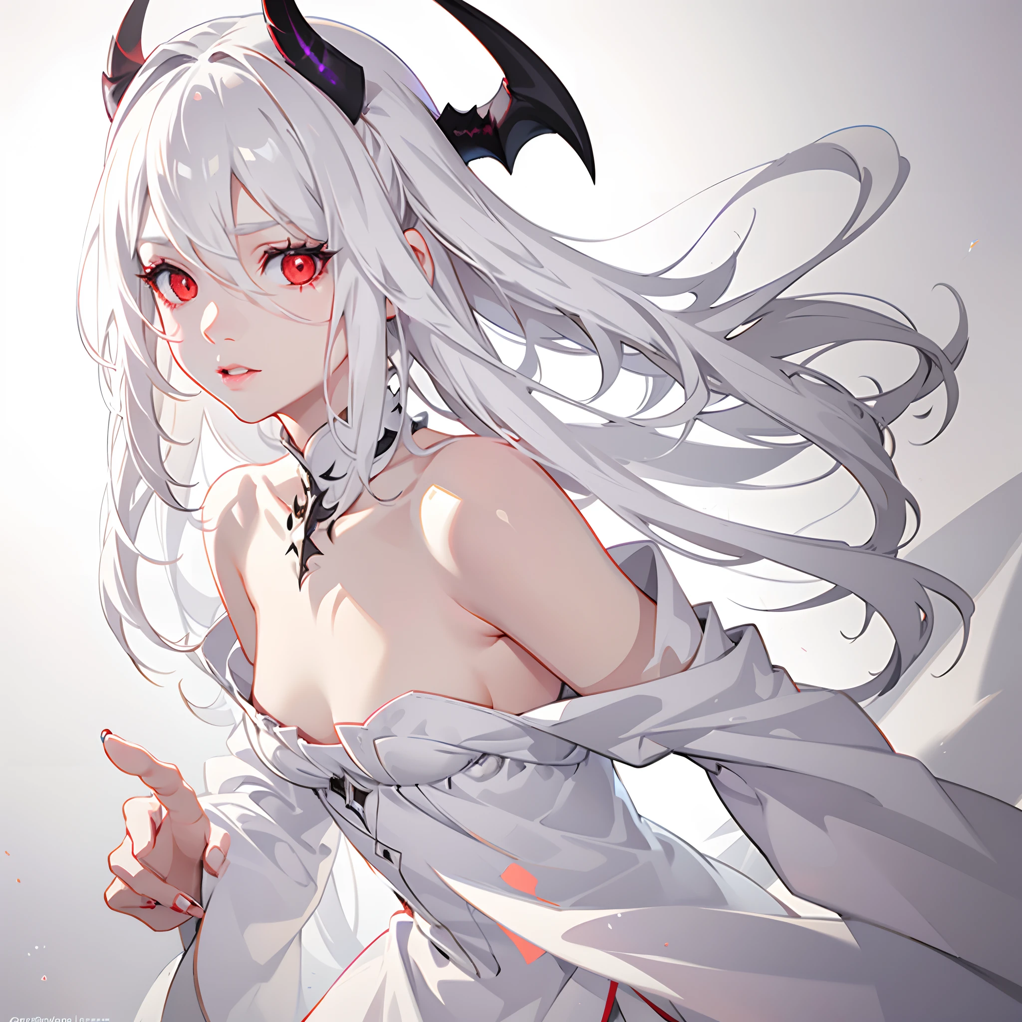 realistic, 1girl, white hair, horns, red eyes, small, young, side lighting bare shoulders, glowing eyes, magic circle, light particles, light rays, wallpaper, demon, pale skin