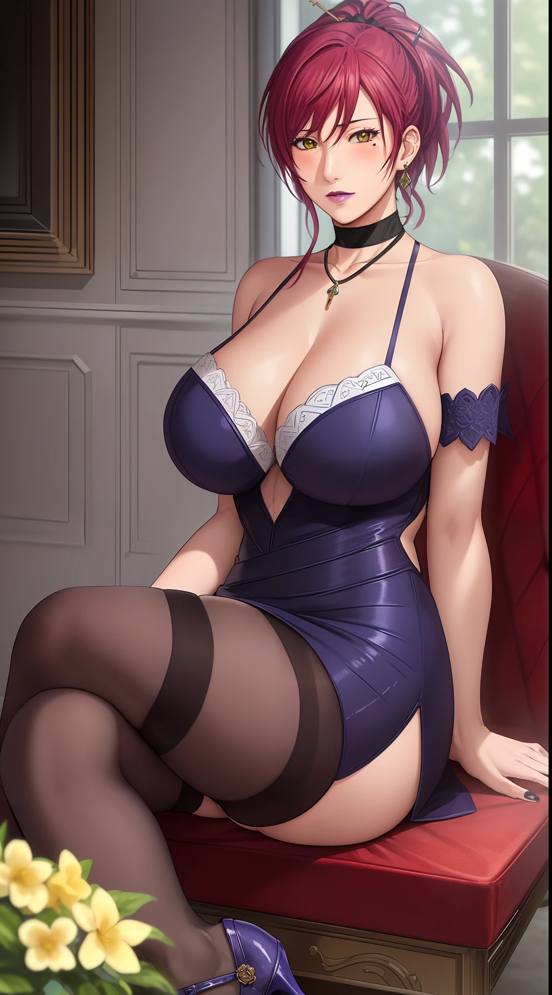 (Masterpiece, Best Quality, High Quality:1.4), professional artwork, Intricate Details, field of view, sharp focus, detailed painting, photorealistic lighting, trending on pixiv, (vivid lighting, vibrant colors:1.05), realistic shadows, ambient occlusion, by Takato Yamamoto
Marie Mamiya, mature female, milf, solo, (curvy:1.1), sitting on sofa, crossed legs, luxury room, (cowboy shot:1.1),
(red hair:1.05), hair ornament, lipstick, makeup, (mole under eye:0.9), choker, ultra detail hair, ultra detail face, (yellow eyes:1.05), perfect eyes, perfect face, earrings, (seductive look, blush:1.2),
(main dress:1.2), choker, (black thighhighs:1.1),(highheels:1.2), bare shoulders, necklace, fingernails,
(Large Breasts:1.15), Cleavage, big ass, thighs