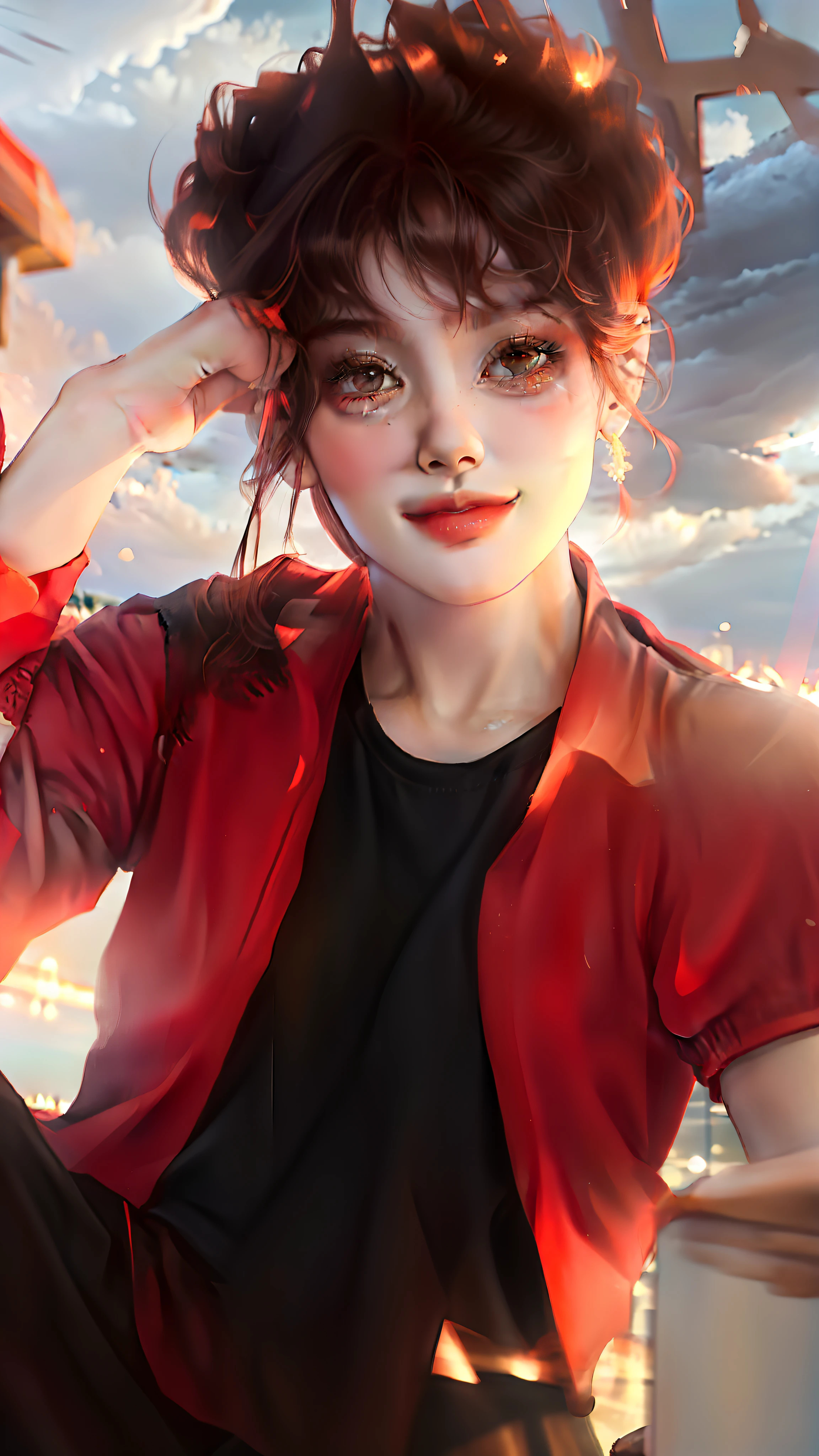 （tmasterpiece，best qualtiy：1.4），1个Giant Breast Girl，Black off-the-shoulder T-shirt on the upper body，The bottom is a red miniskirt，looking at the audience smiling，rays of sunshine，mostly cloudy sky，