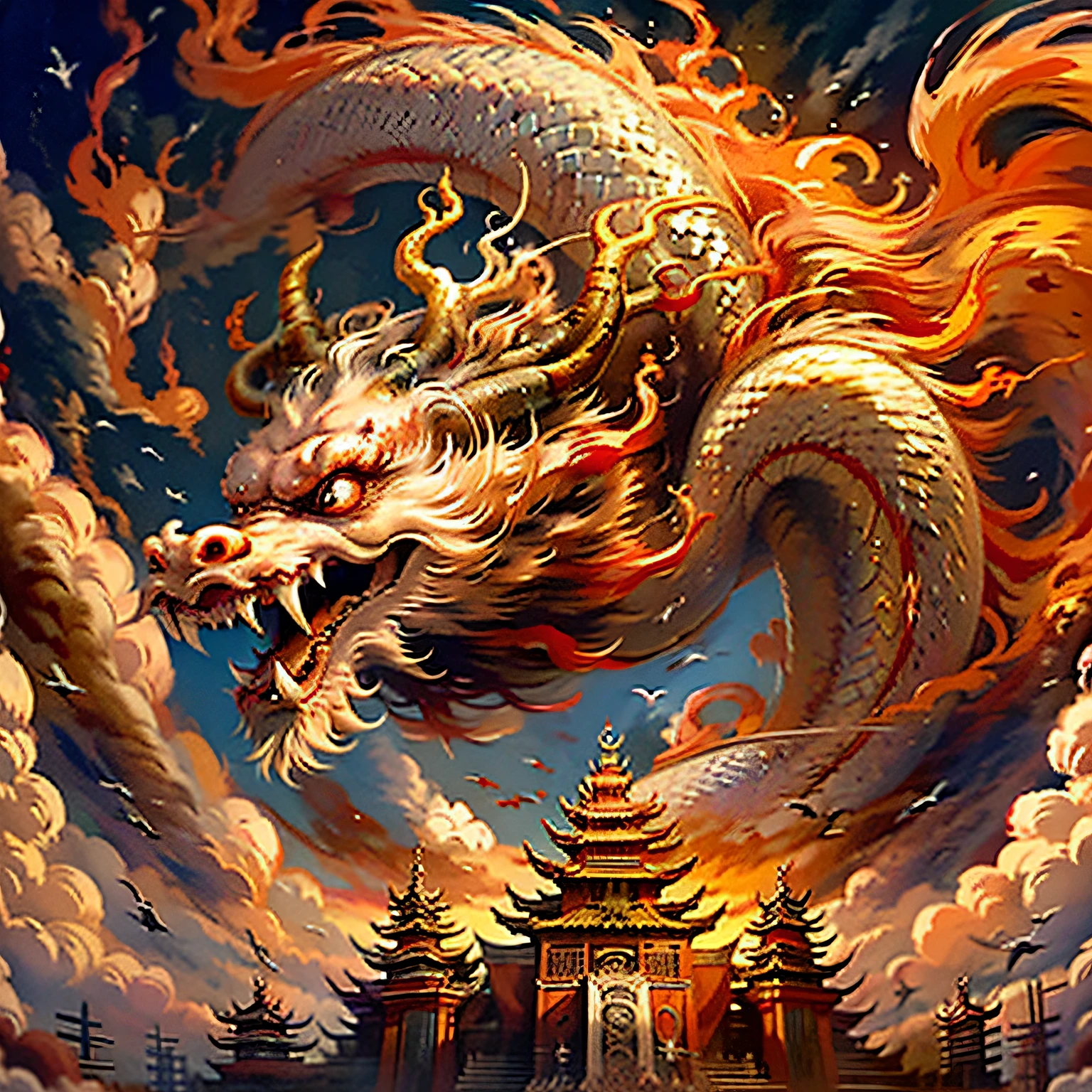 Best quality,masterpiece,ultra high res,nu no humans, (long:1.2),no humans, cloud,east asian architecture, red eyes, horns, open mouth, sky, fangs, eastern dragon, cloudy sky, teeth, flying, fire, bird, wings