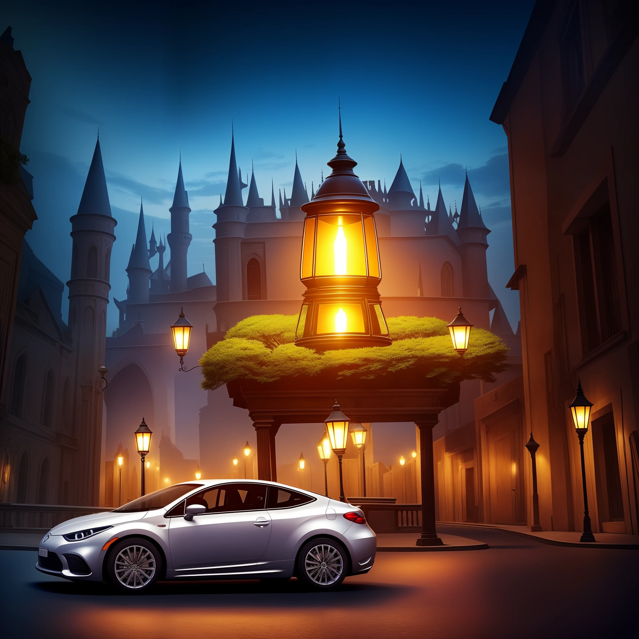Please generate an image of a car astonishingly fitted inside a magical lamp, creating a unique scene of contrasting size and perspective.