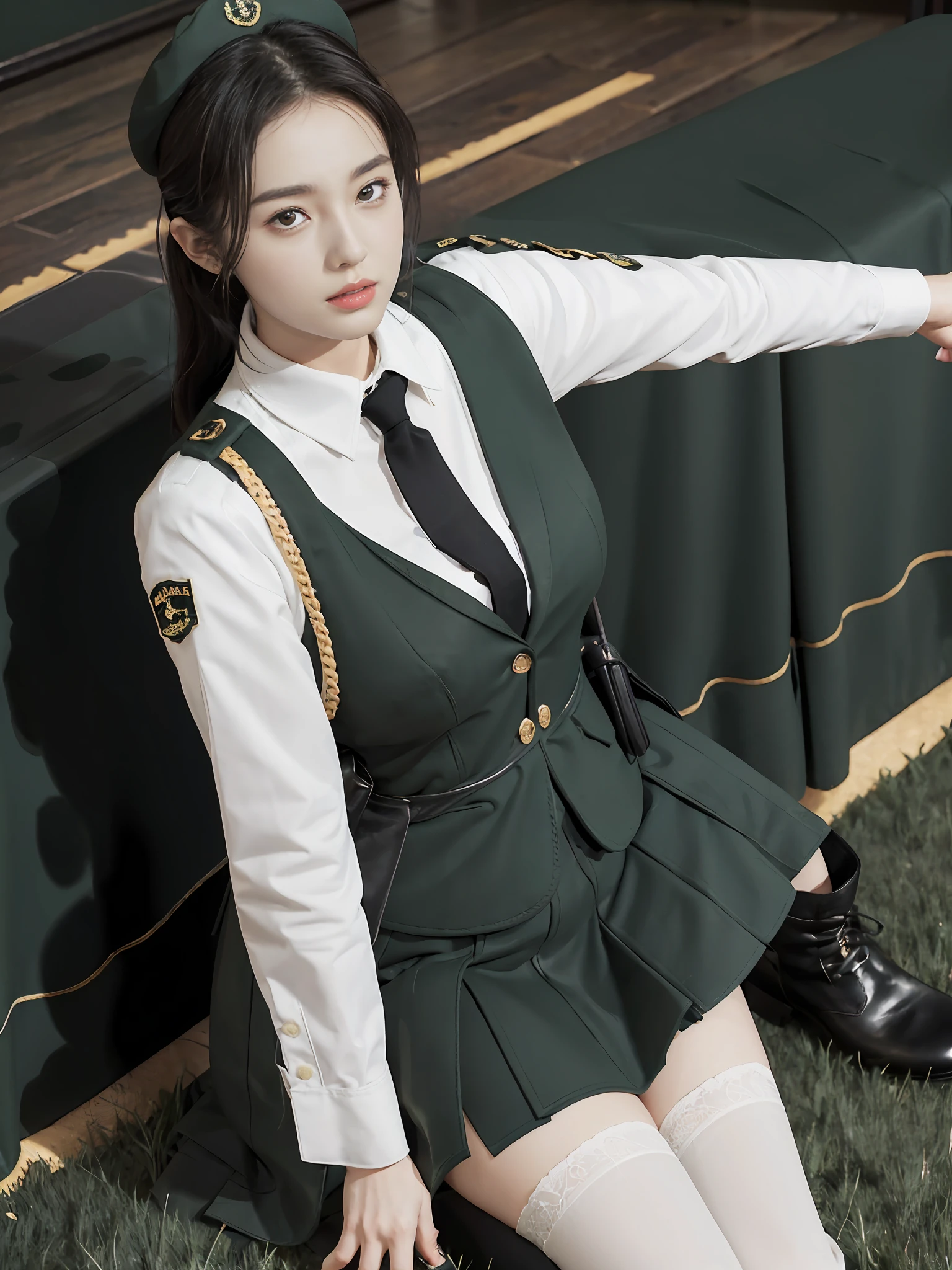 Very detailed CG unity 8K wallpaper，（tmasterpiece），（best qualtiy），（ultra - detailed），（Ultra photo realsisim），（best character detail：1.36），Nikon D750 f / 1.4 55mm，profesional lighting， physically-based renderingt, 1girll, Female soldier，army suit，Green military uniform，Fabric texture military uniform，Dark green tie，Army green skirt，military hat，Black hair，the golden ratio,[:(com rosto detalhado:1.2):0.2]:,PureErosFace_V1, broad shoulder,(Bigchest:1.5),(big assa:1.5)，Wide buttock ，Bare legged，Plump legs，Move the center of gravity back，Squat on the grass，Spread your legs apart，The skirt covers the bottom of the skirt，whitestocking，Small black leather shoes，hands lying on thighs，Soaked with sweat，red flags，At the cafe，Night Street，bright sun，Look at the audience from the front，Bright smile，White teeth，lighting，Contre-Jour，