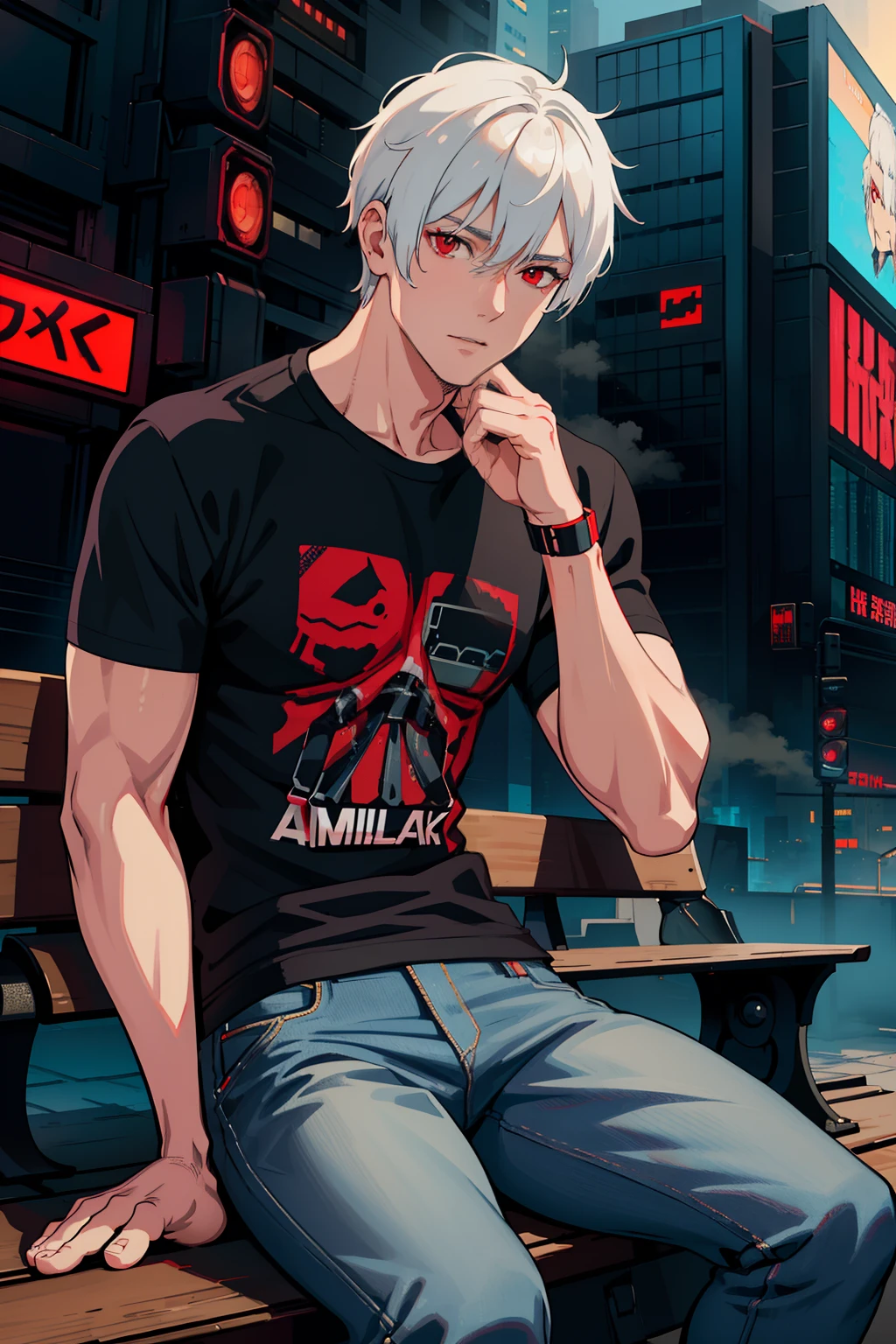 masterpiece, high quality, best quality, beautiful, hd, realistic, perfect lighting, detailed face, detailed body, 1 man, (white hair), red eyes, manly, (brutal), black t-shirt, jeans, sitting on a bench,  ((cyberpunk)), (fog), confused