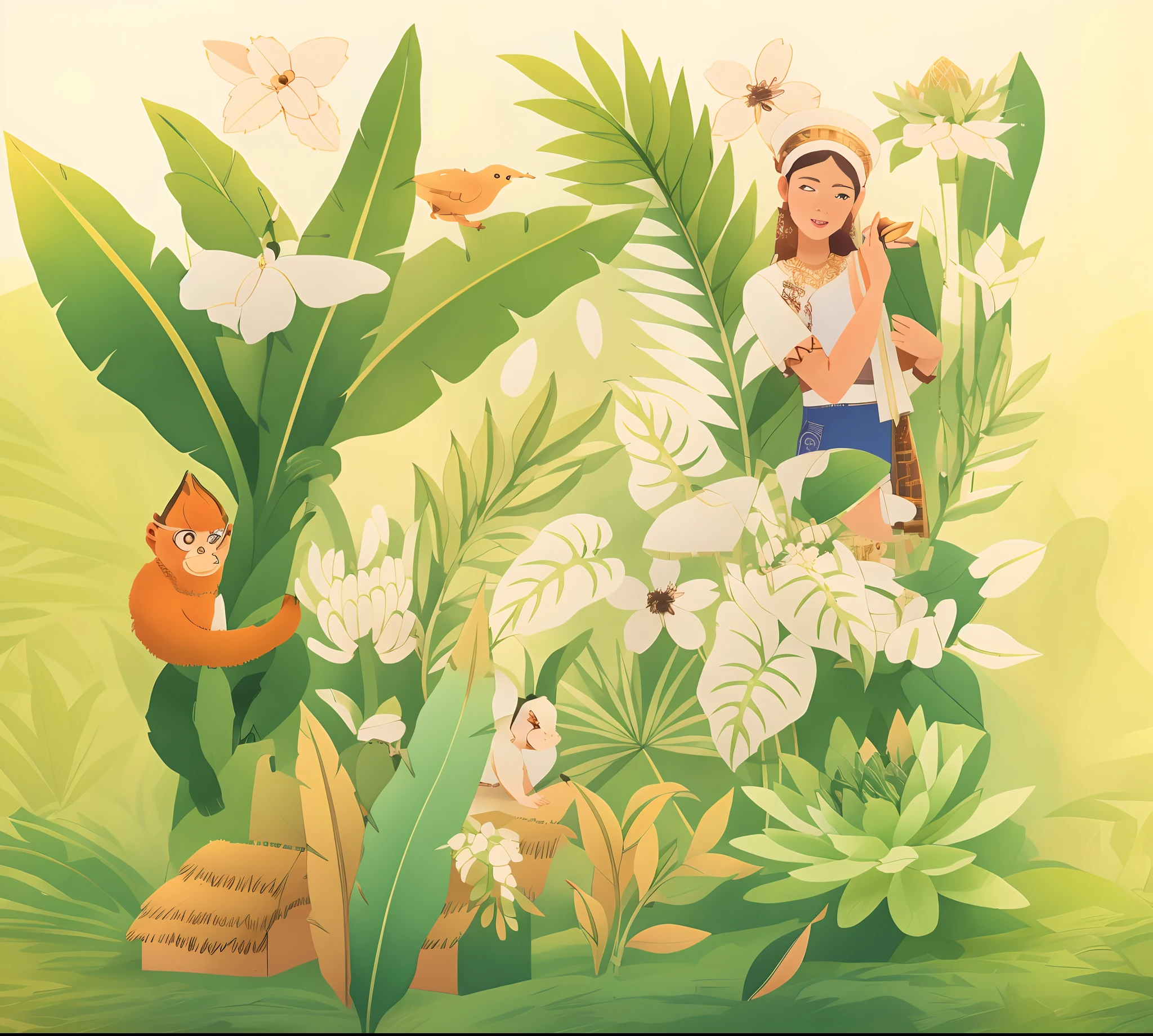 A girl in Yi costume in the grass,Holding a piece of tea in his hand,A monkey climbs on a banana leaf,Background when the original plants of Yunnan are present,Thatched huts of ethnic minorities in Yunnan,Ultra-delicate lines。