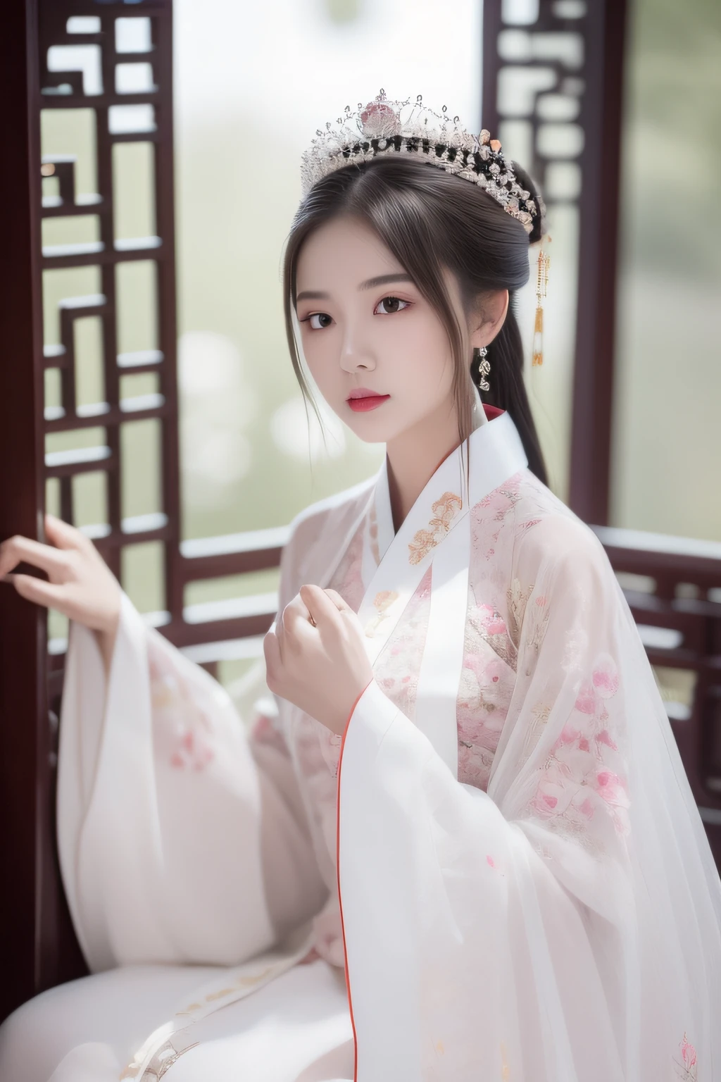 A woman in a white dress in the palace , A girl in Hanfu, Wearing ancient Chinese clothes, Hanfu, Princesa chinesa antiga, China Princess, Traditional beauty, a beautiful fantasy empress, White Hanfu, ((a beautiful fantasy empress)), Traditional Chinese clothing, lovely languid princess, Chinese traditional, xianxia fantasy, Chinese girl,detail in face,Hand detail,Realiy,Optimize hands