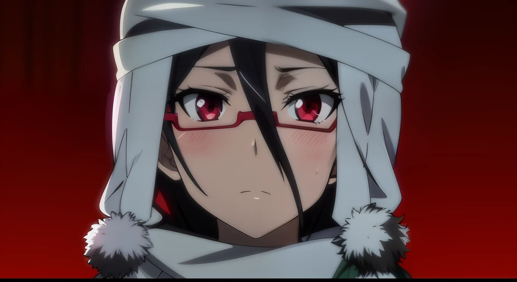1girl, solo, (masterpiece:1.2, best quality), glasses, ((rim-less eyewear)), anime character with red eyes and a white scarf on, the piercing stare of yuki onna, black haired girl wearing hoodie, rin, it has a piercing gaze, sakura haruno in slug sage mode, in the anime film, itachi uchiha, albedo from the anime overlord, today's featured anime still, in an anime, with red glowing eyes
