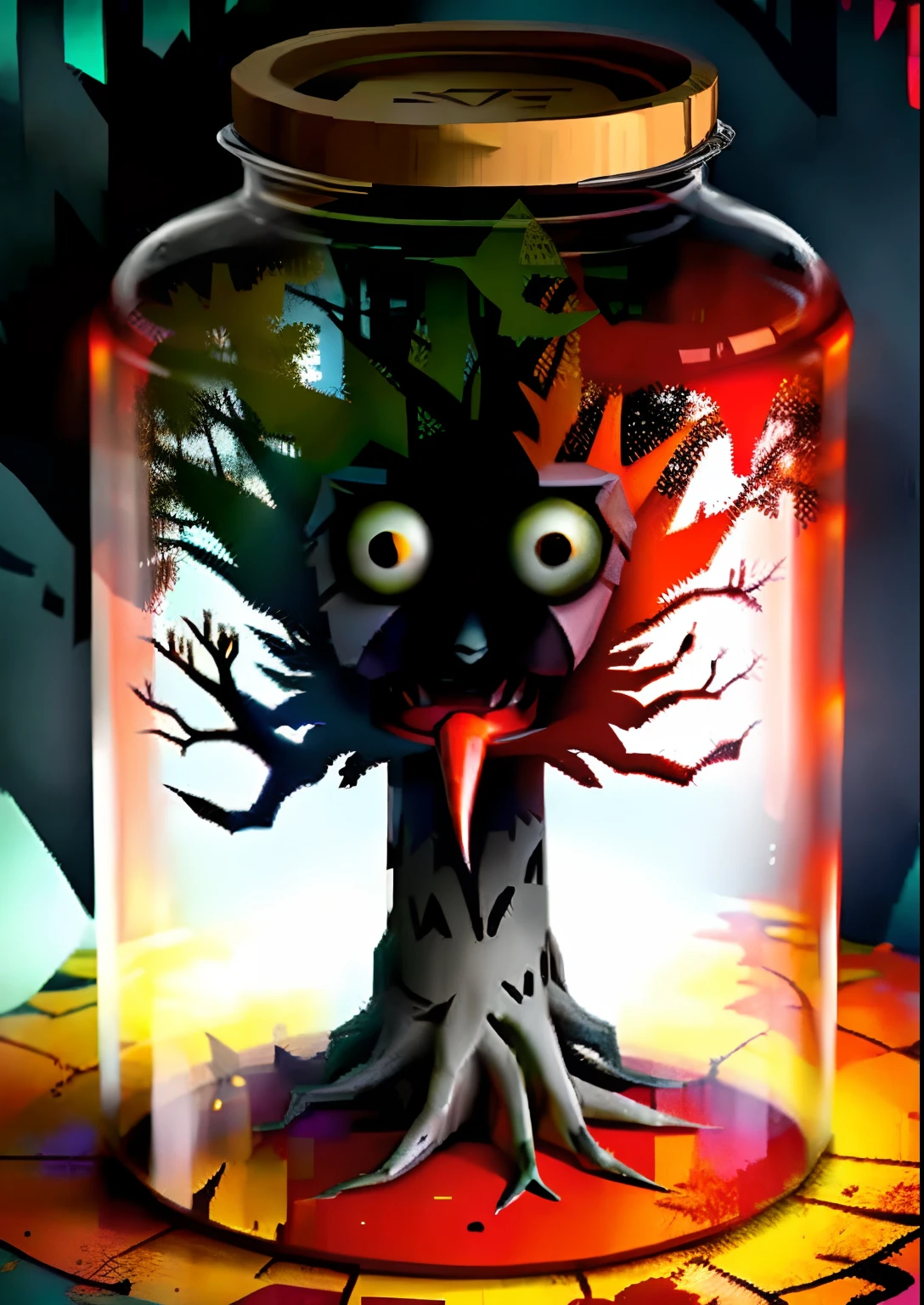 Creepy protogen tree in glass jar