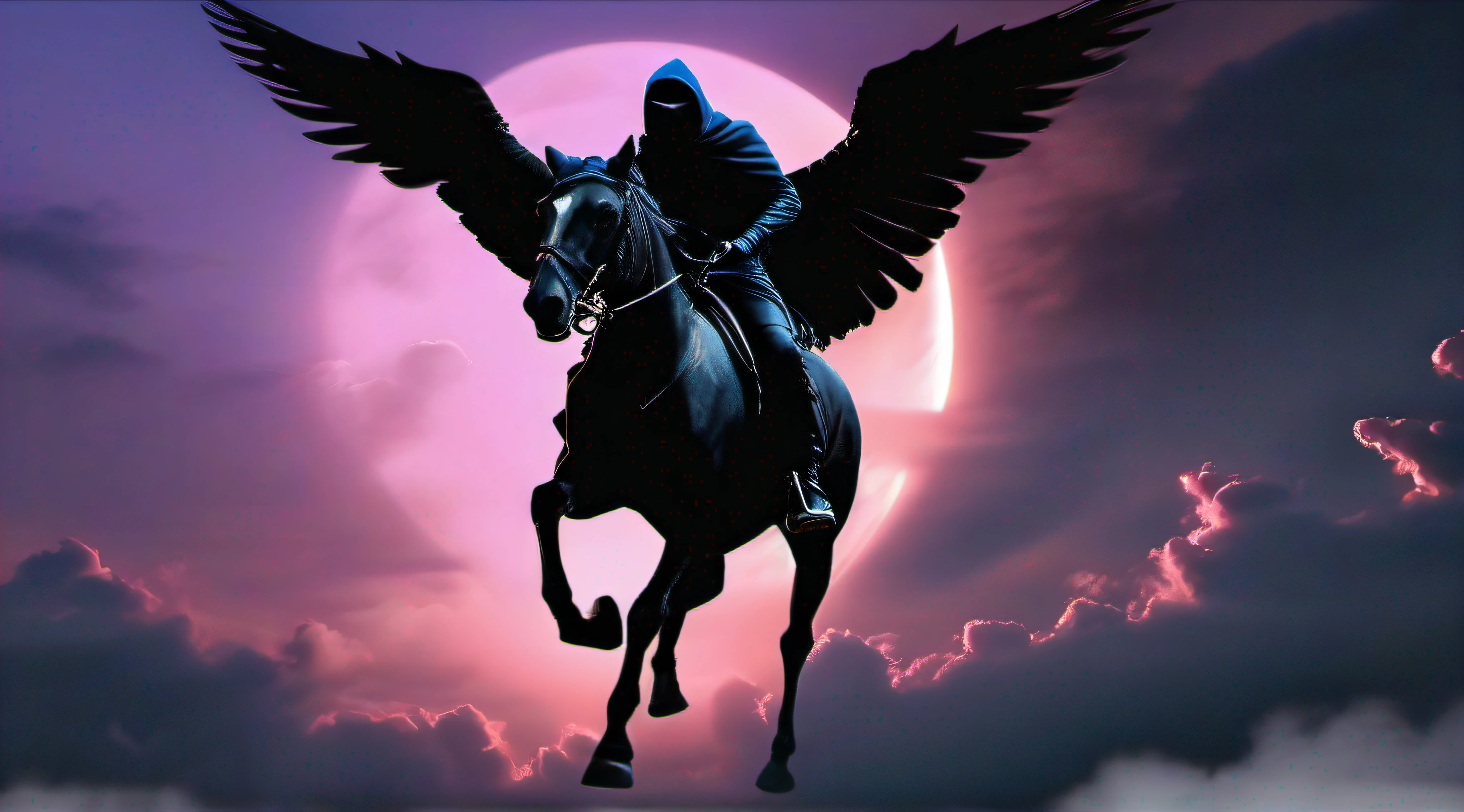 full scene, full bodies, dark lighting, frontal vision, dark lighting, A hooded man rides a black winged horse through the sky, no background