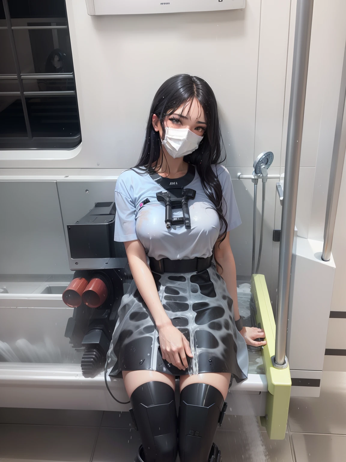 mechs,black in color,Beautuful Women,taking a shower
