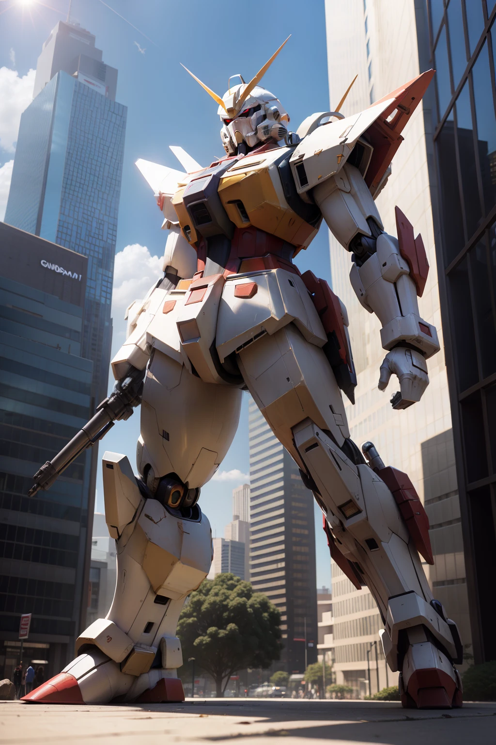 The Gundam stands in the middle of the city.Under the scorching sun