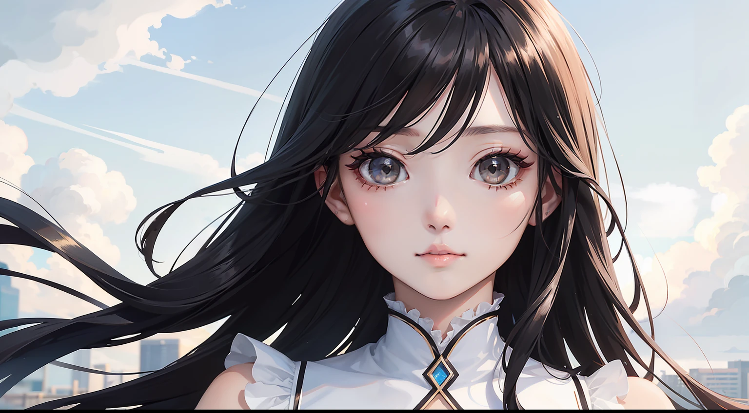 Anime girl with long black hair and blue eyes looking at the camera ...