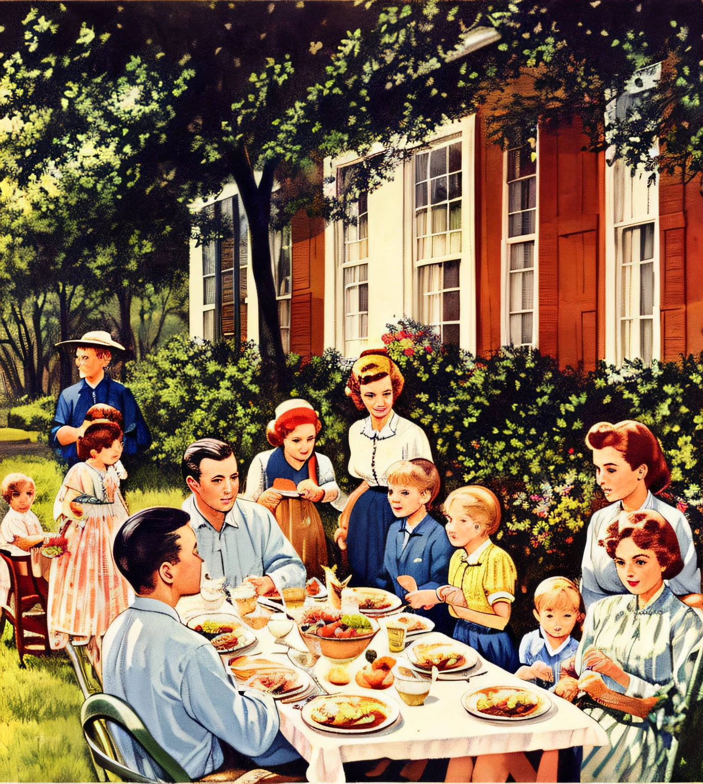 painting of a family gathering outside a house for a meal, color illustration, southern gothic scene, by Willard Mullin, people outside eating meals, family dinner, 1950s illustration style, 1960s illustration, full color illustration, al fresco, ( art fitzpatrick ), 1 9 5 0 s americana tourism, scene from a dinner party