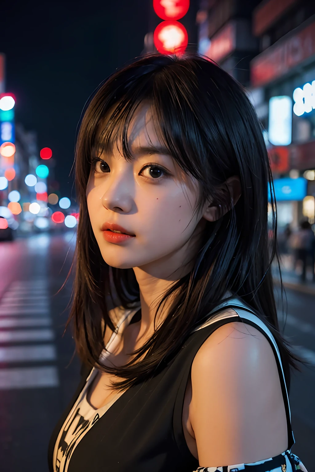 1girl, Tokyo street,night, cityscape,city lights, upper body,close-up, 8k, RAW photo, best quality, masterpiece,realistic, photo-realistic,