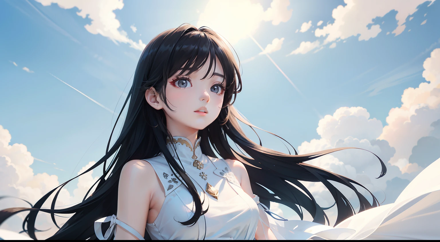 tmasterpiece,best qualtiy,1 girl with long flowing black hair,warm sunlight,White transparent dress,Clouds,Skysky,Tano,The skin is delicate,Delicate and beautiful face,Fine pupils,Look at the audience head-on