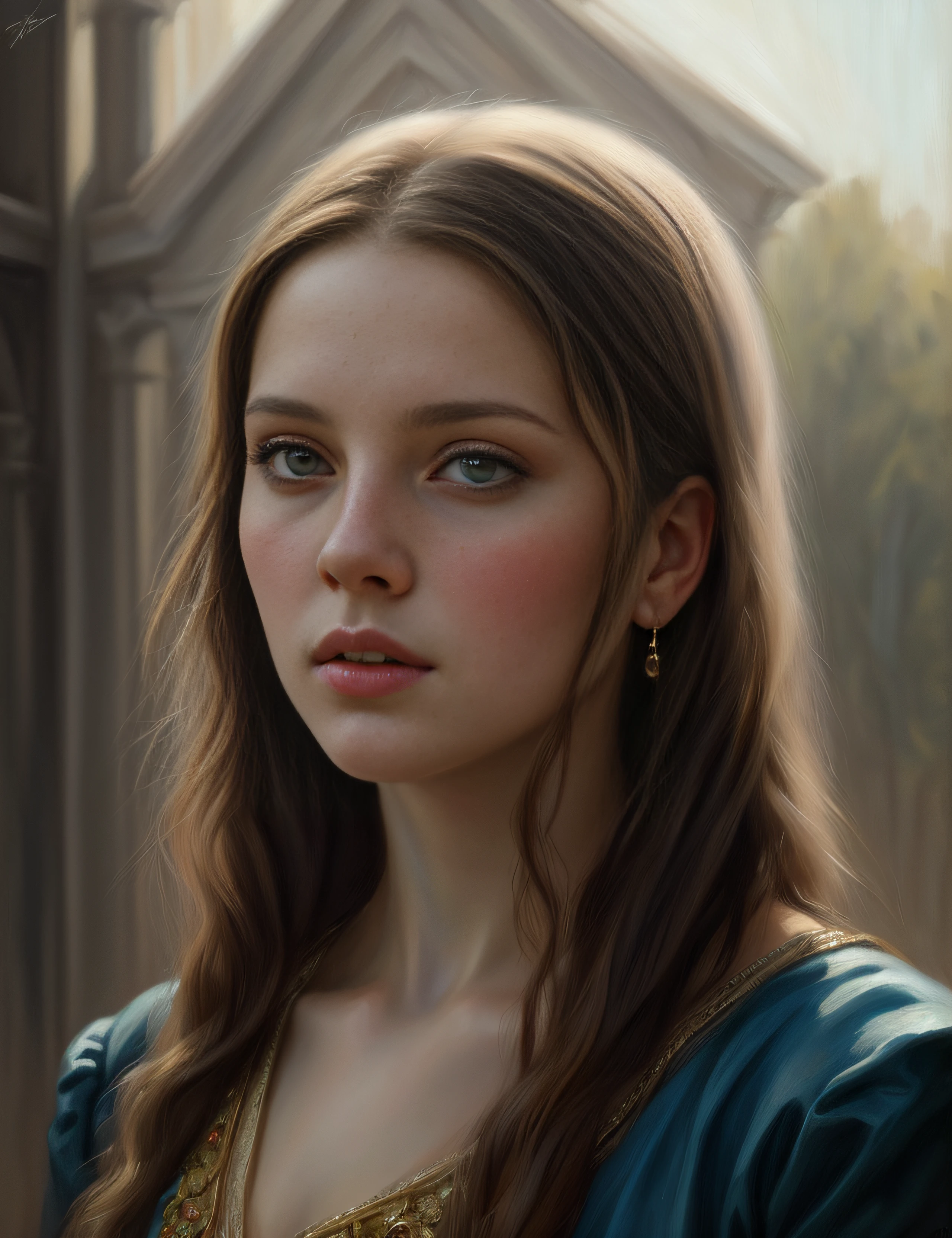 portrait, girl, middle ages, classicism, andrey atroshenko style, painting, traditional media, realistic, figurative, fine art, oil on canvas, HDR, 8K, original character, high resolution, high detail, focus on the face