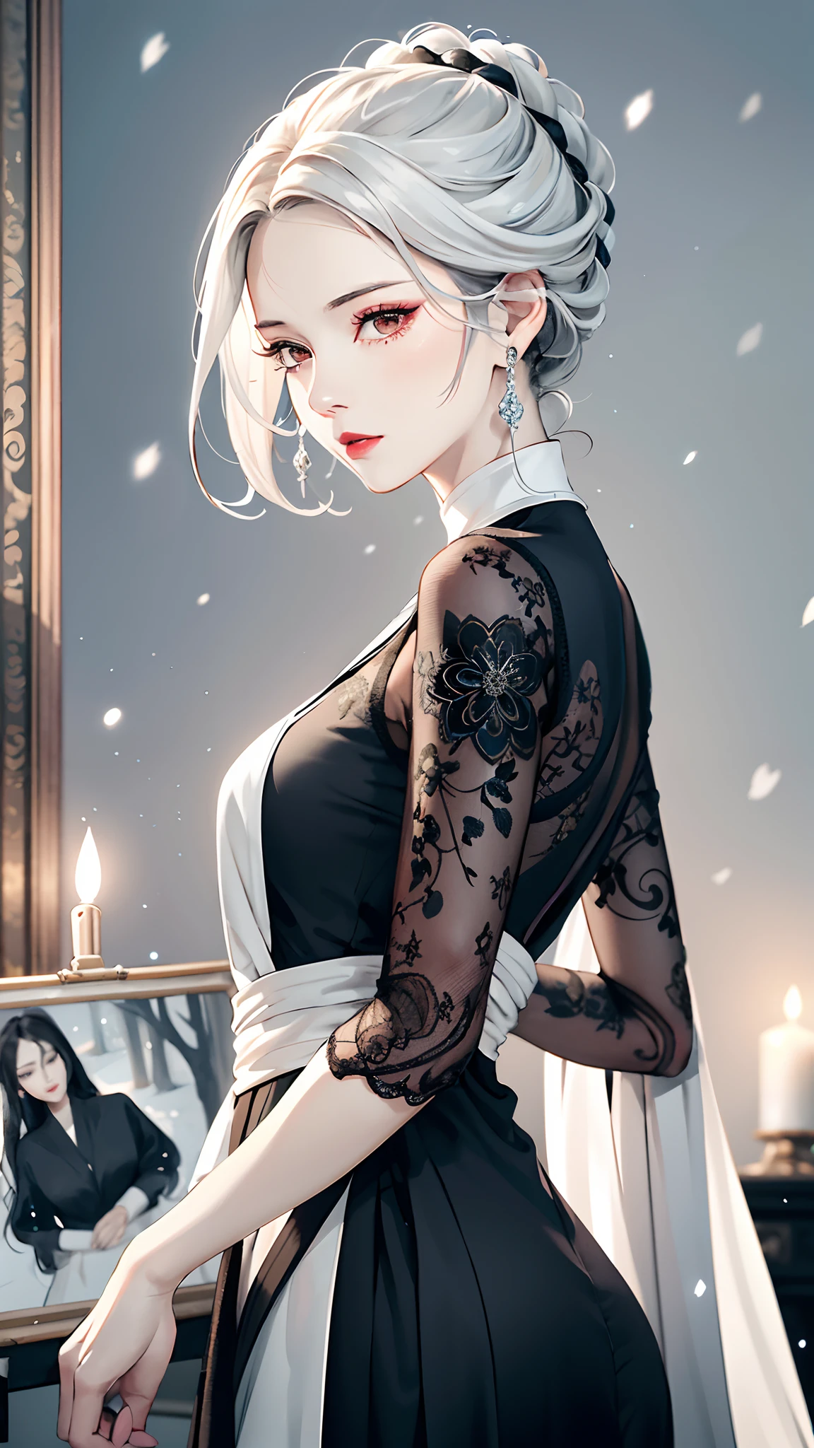 Masterpiece, Superb 1 Woman, Long Black Dress, Ink Painting, Mature Woman, Woman with Short Silver and White Hair, Hair Over Shoulder, Pale Pink Lips, Indifference, Seriousness, Bangs, Assassin, White Clothes, Facial Details, Correct Proportions, This painting was created in the Guweiz style and depicts an oil painting of a woman with short hair. The entire painting features a palette of white and black. The woman's face is very realistic female faces, which are loved by the audience. Presented in a meticulous drawing style. The women's white hair is like snow, the eyes seem to be full of watery red eyes, exuding a mysterious atmosphere, the women are dressed in elegant and exquisite clothing, and the whole painting shows a high degree of skill.