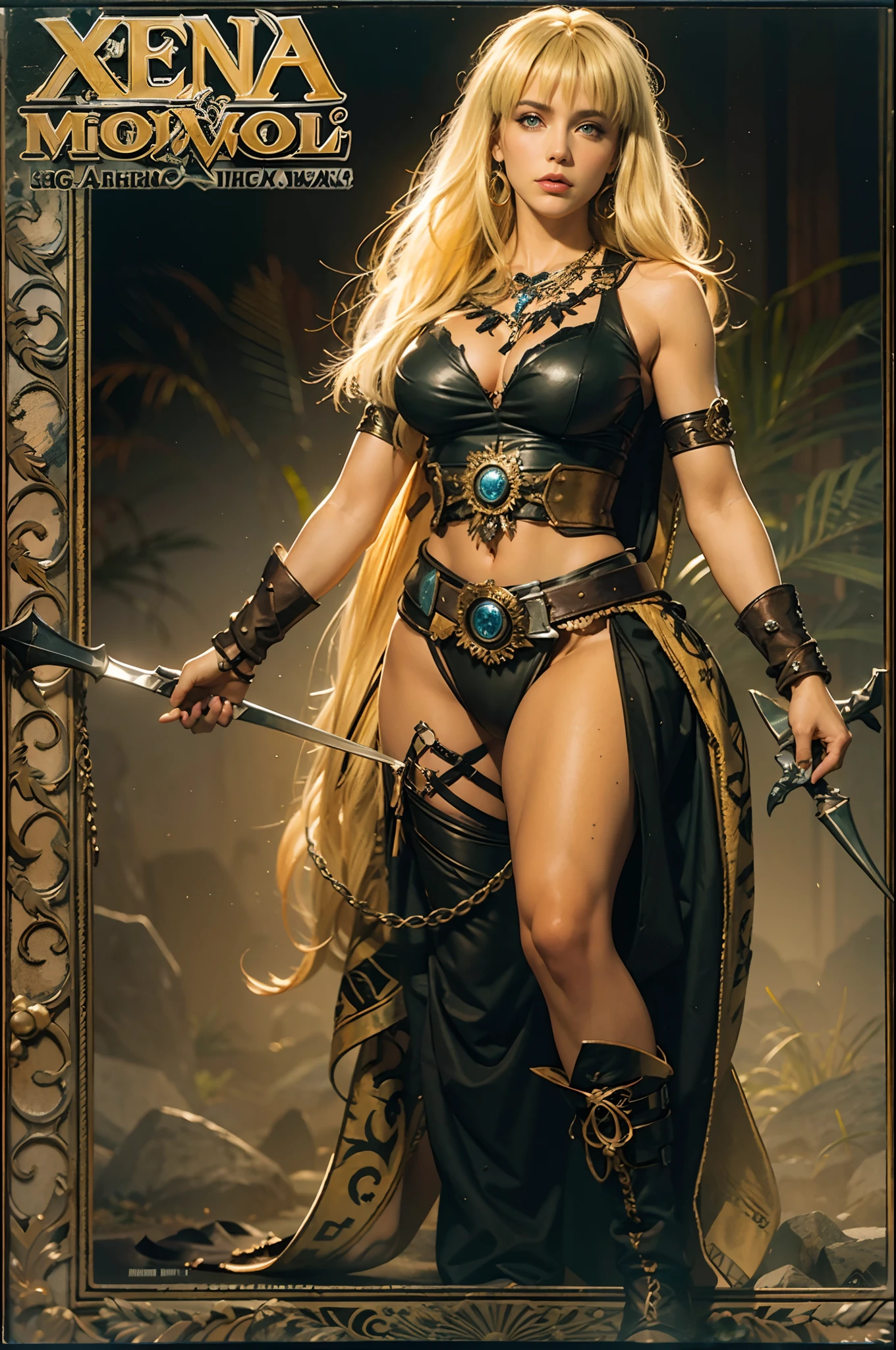 A woman dressed as Xena the warrior princess and wearing strangely styled hair and makeup poses for a rock metal album cover (La mejor calidad)  obra maestra (big breasts) ((blonde hair)) (Slim body)