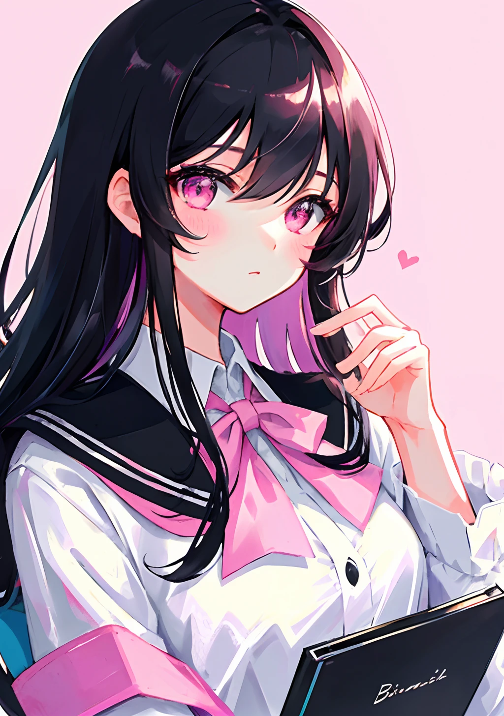 Masterpiece, Best quality, Ultra-detailed, illustration, Portrait, 1girll, black_Hair, Pink eyes, Long hair, school uniform,