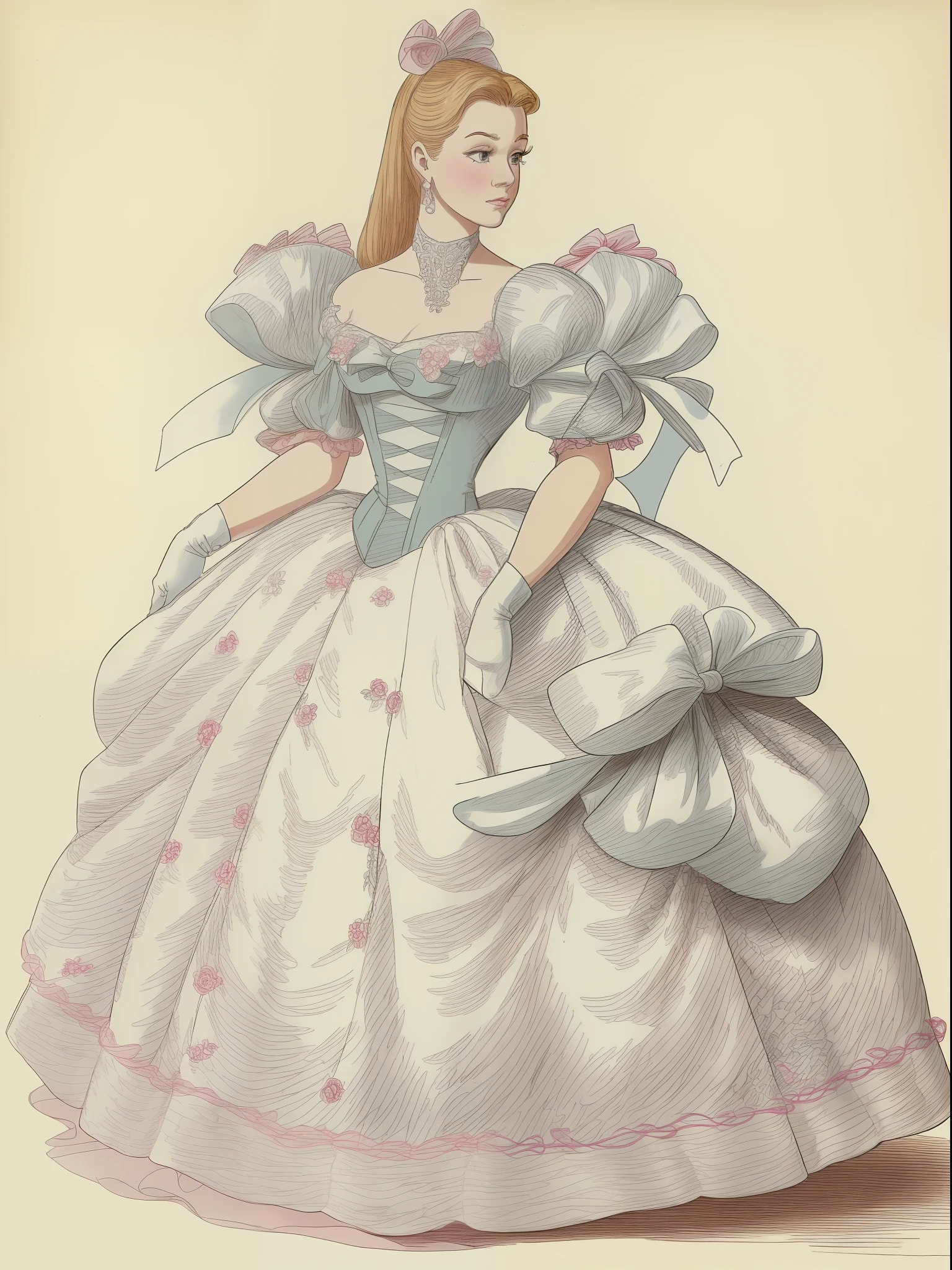 John Tenniel art, frustrated Greer Grammer wearing a stately and elaborate Cinderella ballgown of white satin adorned with (((huge ribbon bows))), rosebuds, embroidery and jewels, with (((enormous puffed sleeves))), an hourglass waist, and a (((voluminous crinoline hoopskirt))), (((bustle))) and  long white gloves