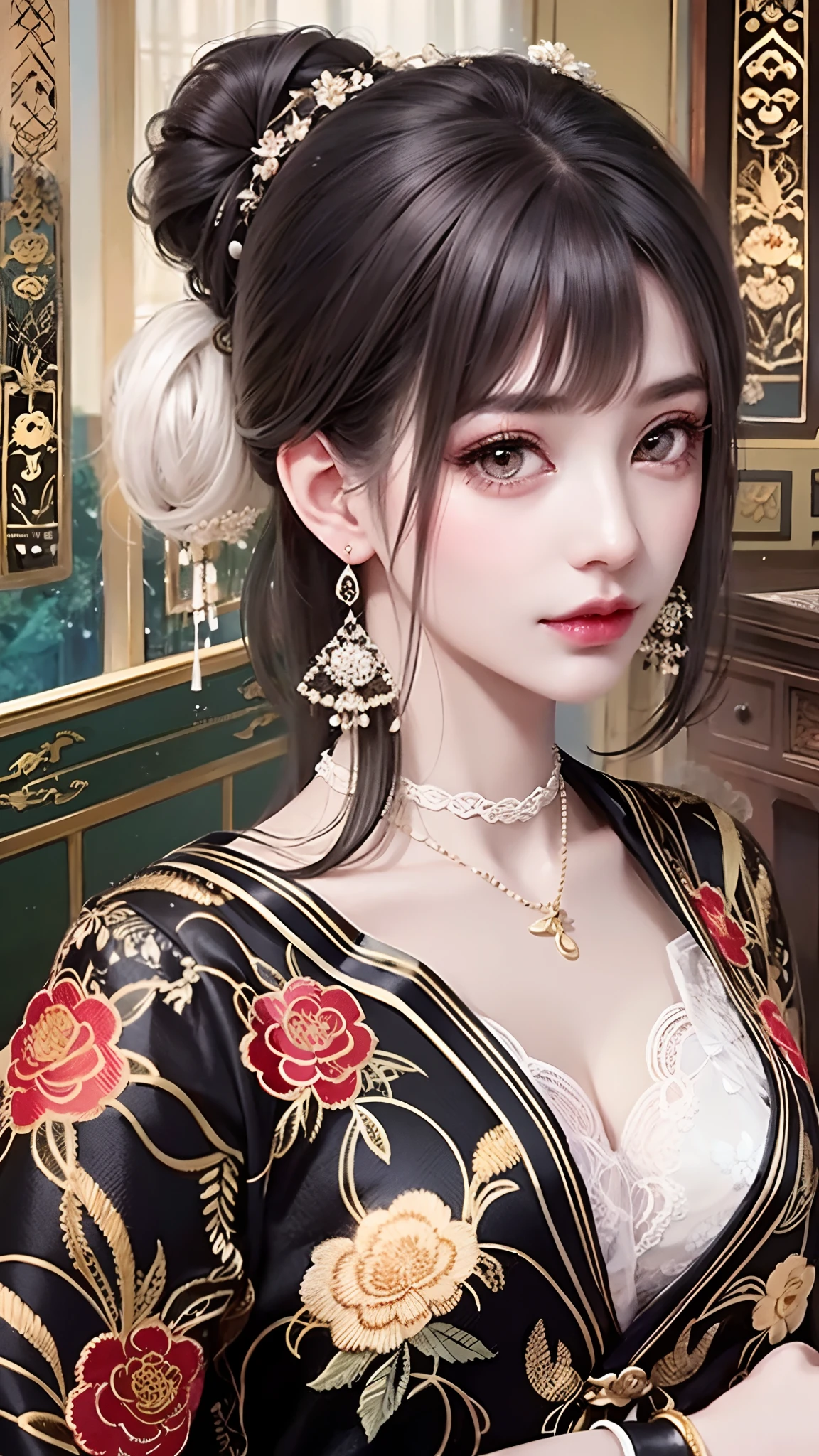 the detail,8K分辨率,超高分辨率,A young Miao girl, a cute girl，short detailed hair，hair-bun，lipsticks，Tassel earrings，choker necklace，Black clear eyes，Smooth hair,鎖骨,Delicate and perfect facial features, the most beautiful big eyes,Long eyelashes,The eyes are sweet and there are lying silkworms，dynamic angle,extreme picture quality,Highest precision,Precise and perfect human anatomy，(((Slim black antique Han clothes，Red embroidery)))，((sitted))，Warm scene，超高分辨率，Ultra-clear Chinese antique style black flowing hair with a delicate bun）By bangs，（Long flowing hair，With a bun:1.3）），Delicate collarbones，beautiful make up，Exquisite and perfect facial features，，Big watery eyes，Lying silkworm，Long eyelashes，The eyes are sweet and have eye shadow，Slim waist，Do not show your hands，，lipsticks，Blushlush，Delicate earring earrings，