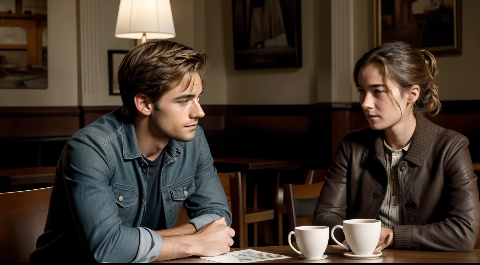 An image depicting Lucas sitting in a café or an art studio, conversando com Sofia, a artista experiente. They are sharing stories and experiences while looking at some artwork. The expression on Luke's face shows admiration and inspiration, while Sophie speaks with passion and wisdom, sharing the lessons you've learned along your own journey of challenges and victories. The scene conveys the emotional connection between the two characters and the impact the conversation is having on Lucas.