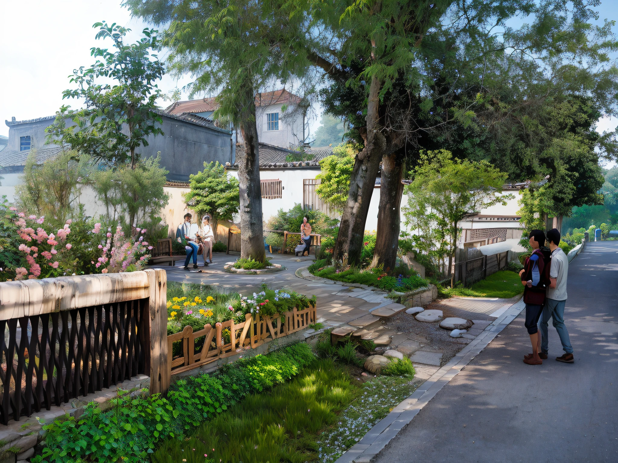 Chinese village courtyard，Low roadside walls，There are wooden benches under the walls，Sand，Stone walkway，Tools，Under the trees，shadow of the tree，falling leaf，The structure of the house is simple in Chinese style，Farm tools hang on the wall，Altar jar，Warm spring colors，The courtyard is surrounded by flowers and plants，vegetable garden，Bamboo fences surround the vegetable garden，There are trees and flowers around，A beautiful artwork illustration，landscape artwork，springtime，morning，Human vision，Works of masters，Anime background art，ghibli studio art，Ghibli Studio Environment，beautiful digital painting，Detailed scenery—width 672，In Studio Ghibli style，Studio Ghibli Sunshine，beautiful digital artworks，by Ni Yuanlu，studio ghibli painterly style